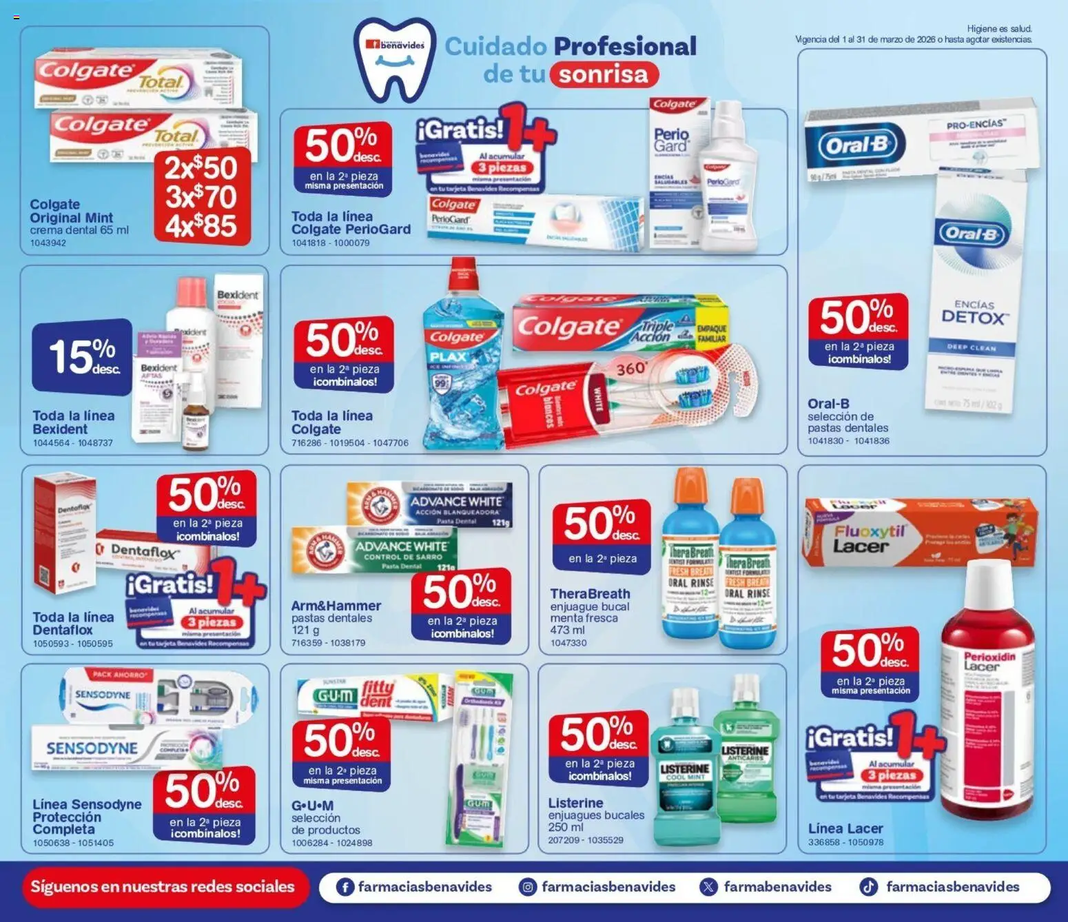 Nuevas ofertas de Farmacia Benavides válidas en toda la República Mexicana desde el 01.01.2026. ¡Encuentra las mejores ofertas en Farmacia Benavides catálogo! | Página: 20 | Productos: Pasta dental, Enjuague bucal, Crema, Pasta