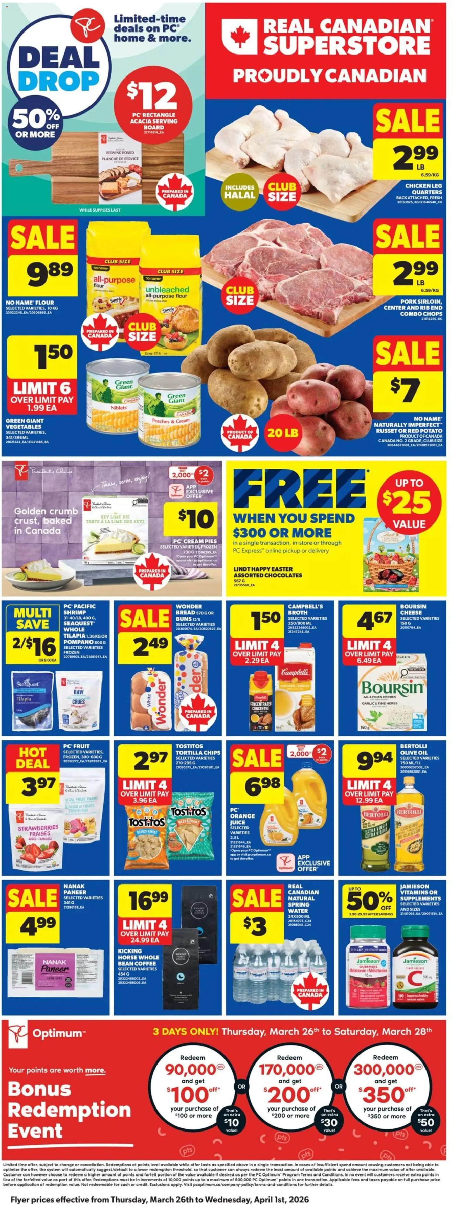 Real Canadian Superstore flyer valid from 26.03.2026 | Page: 4 | Products: Chips, Coffee, Juice, Chicken