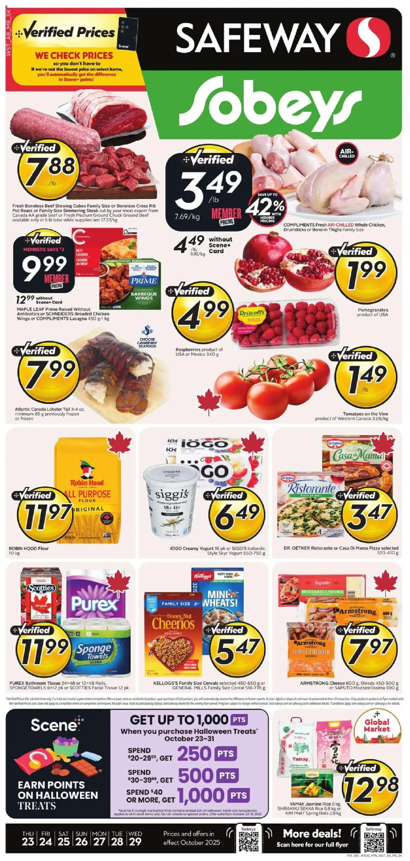 Sobeys flyer valid from 23.10.2025 | Page: 1 | Products: Beef, Cereals, Sponge, Cheese