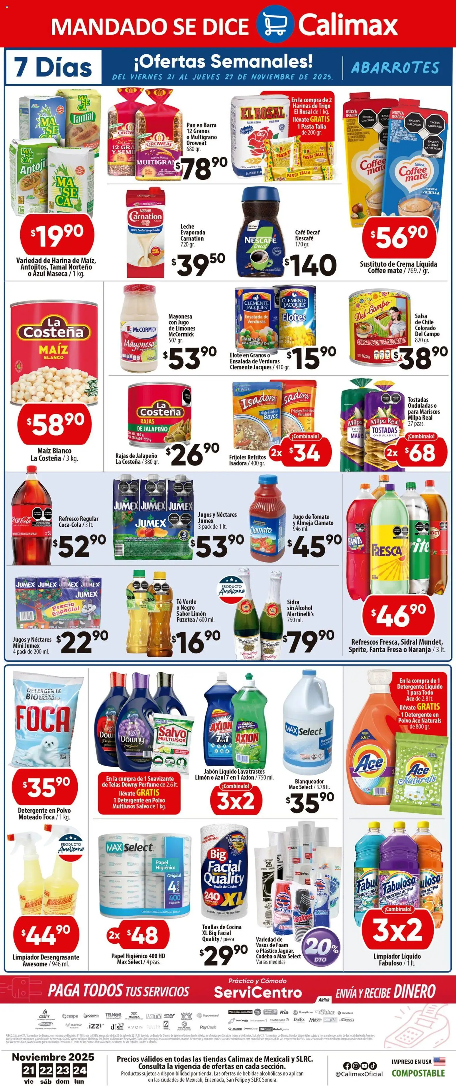 Nuevas ofertas de Calimax válidas en toda la República Mexicana desde el 21.11.2025. ¡Encuentra las mejores ofertas en Calimax folleto Mexicali y SLRC! | Página: 4 | Productos: Fresa, Refresco, Pan, Desengrasante