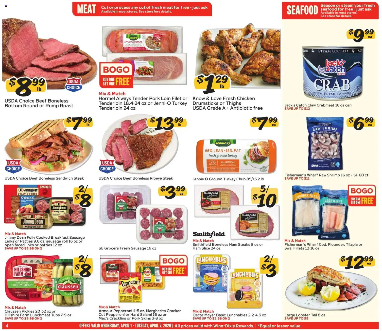 Winn Dixie Weekly Circular - GA - valid from 01.04.2026 | Page: 4 | Products: Ham, Pork, Seafood, Sausage