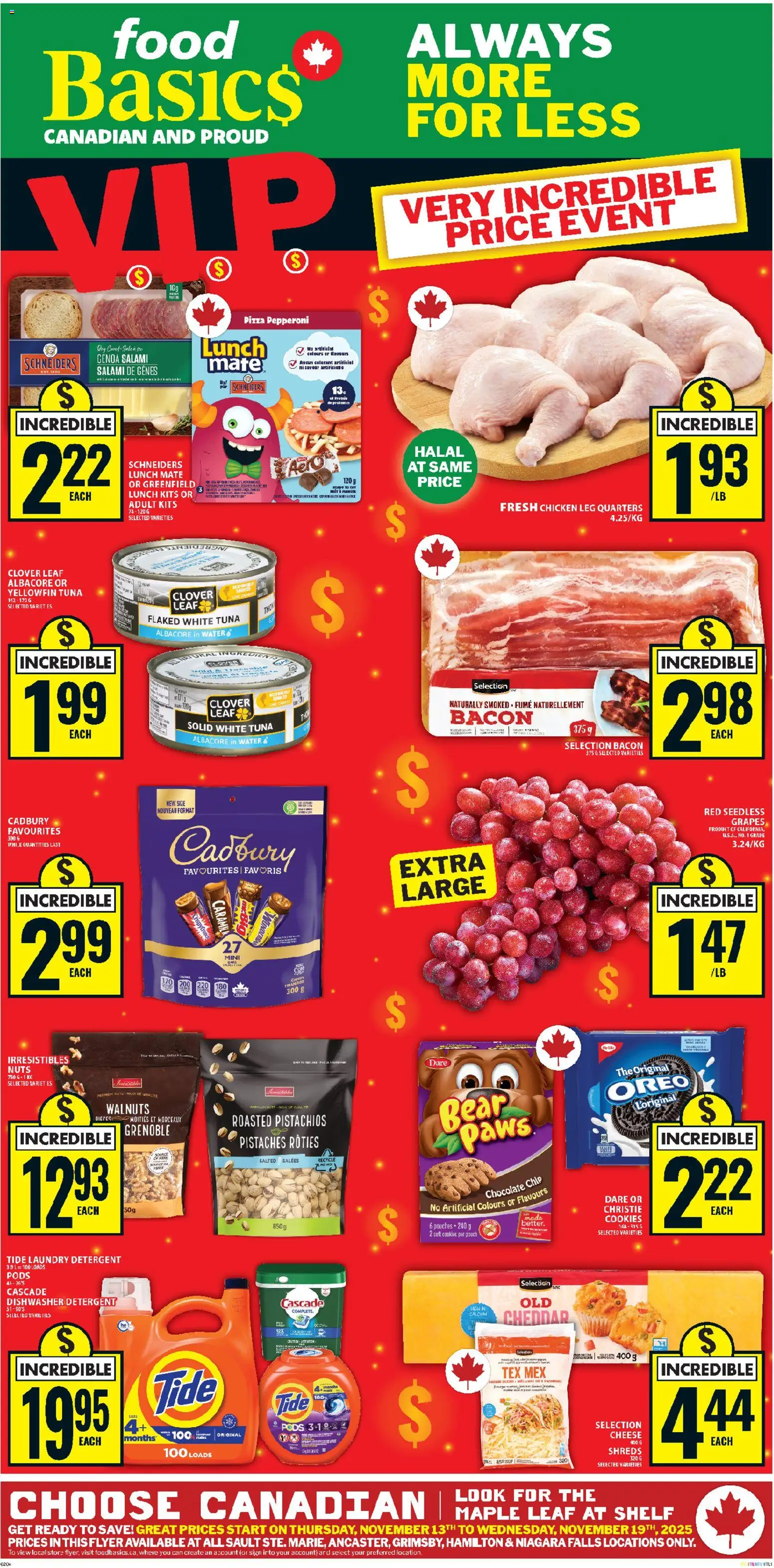 Food Basics flyer valid from 13.11.2025 | Page: 1 | Products: Cookies, Dishwasher, Shelf, Chicken