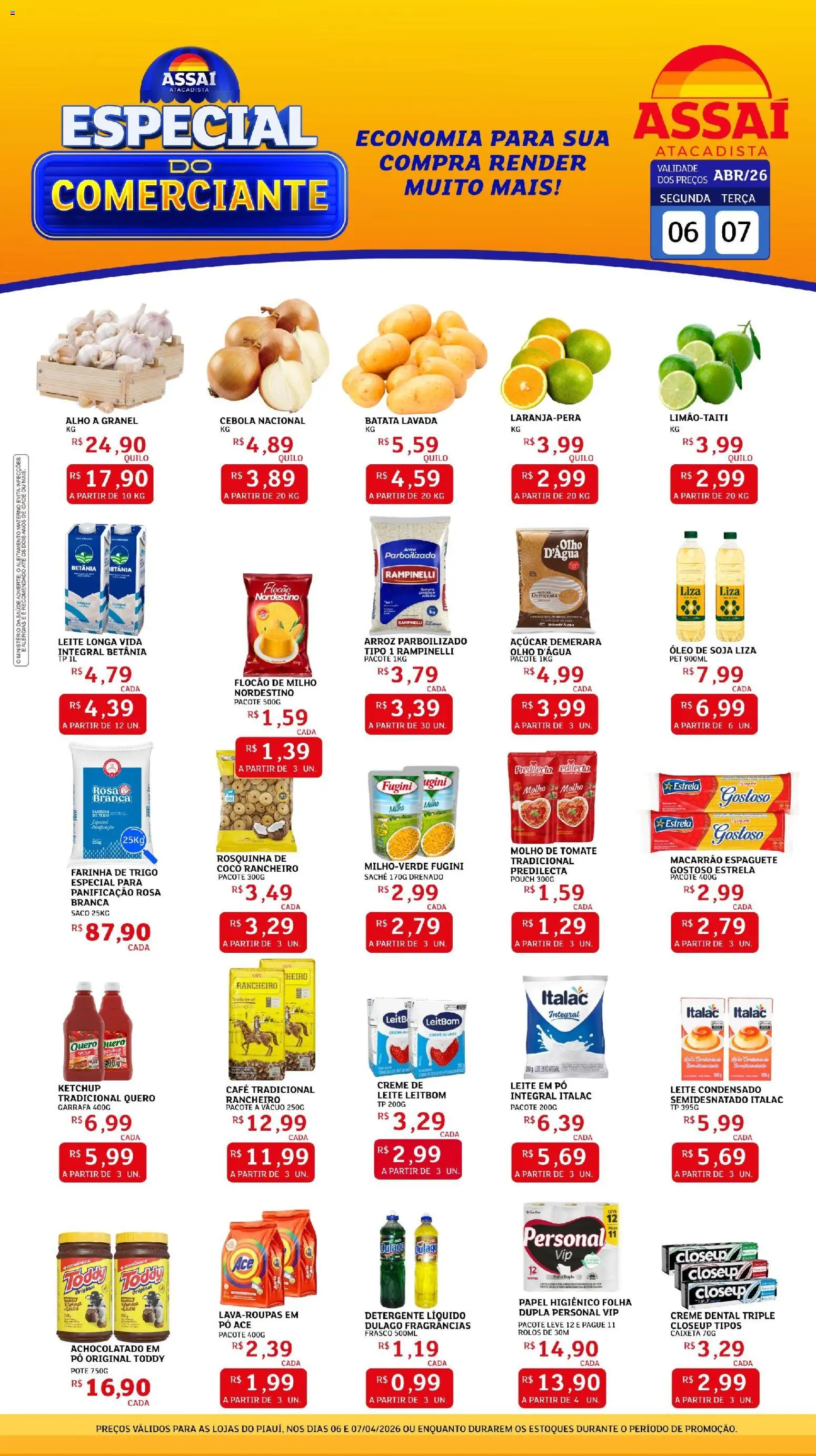 Assaí Atacadista Folheto - válido de 06.04.2026 | Página: 1 | Produtos: Espaguete, Óleo, Batata, Soja