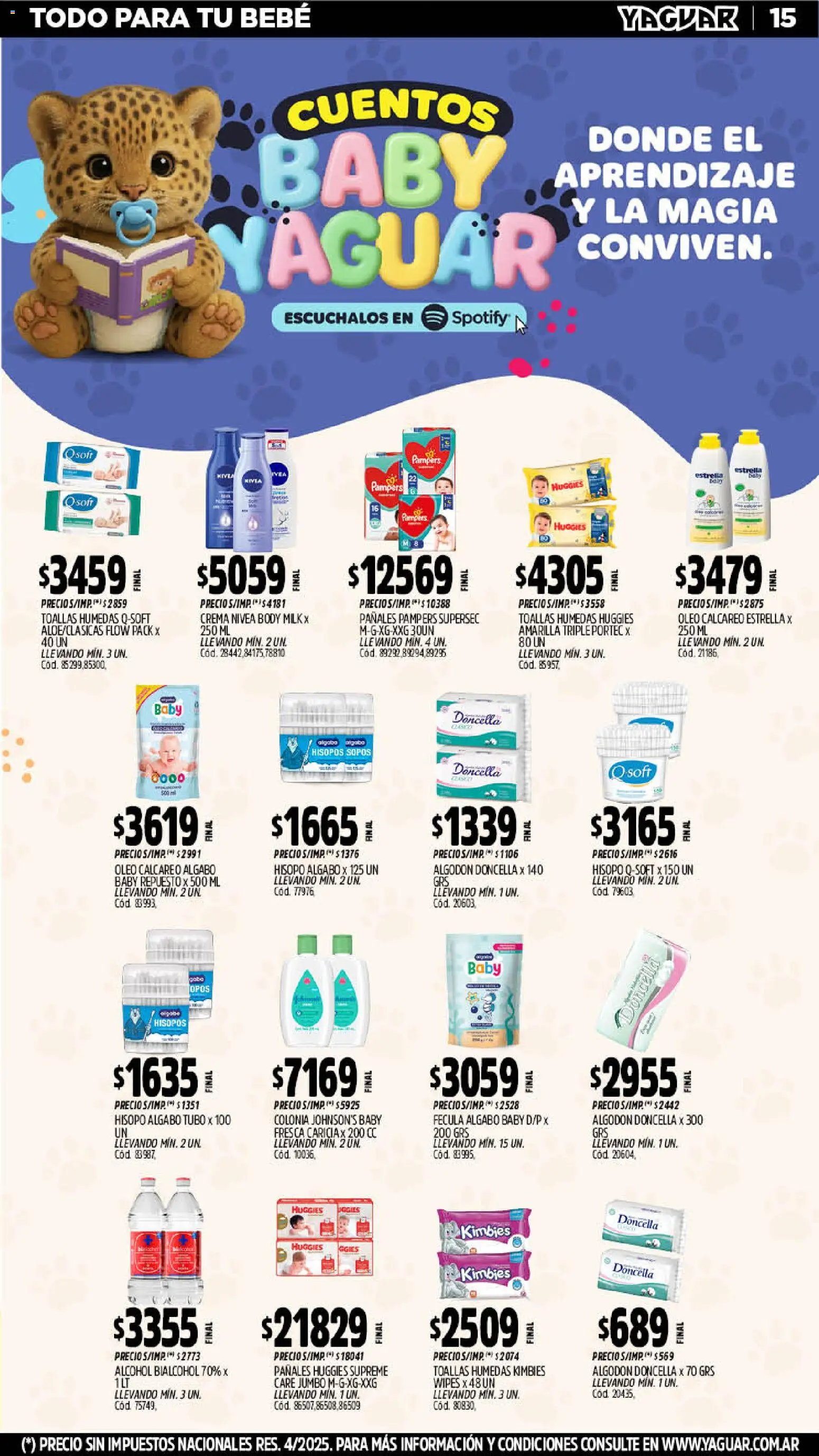 Yaguar - Oferta Semanal Misiones │ válido desde el 19.01.2026 | Página: 15 | Productos: Algodón, Body, Pañales, Crema