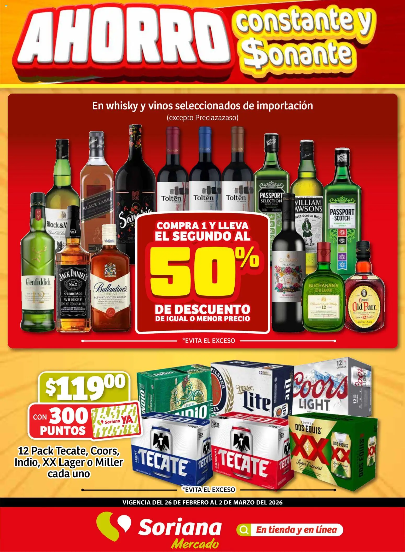 Nuevas ofertas de Soriana válidas en toda la República Mexicana desde el 26.02.2026. ¡Encuentra las mejores ofertas en Soriana - Fin de Semana Mercado: Ags, Nay, Jal, Qro, Col, Mich, Gto, Hgo, Tlax, Mor, Pue, Gro, Oax, Edo. de Mex, CDMX, Zac y SLP! | Página: 1 | Productos: Whiskey, Cerveza, Whisky
