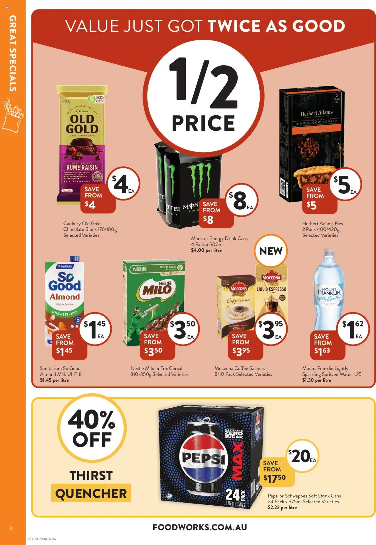 Foodworks catalogue - valid from 20.08.2025 | Page: 4 | Products: Milk, Coffee, Pepsi, Rum