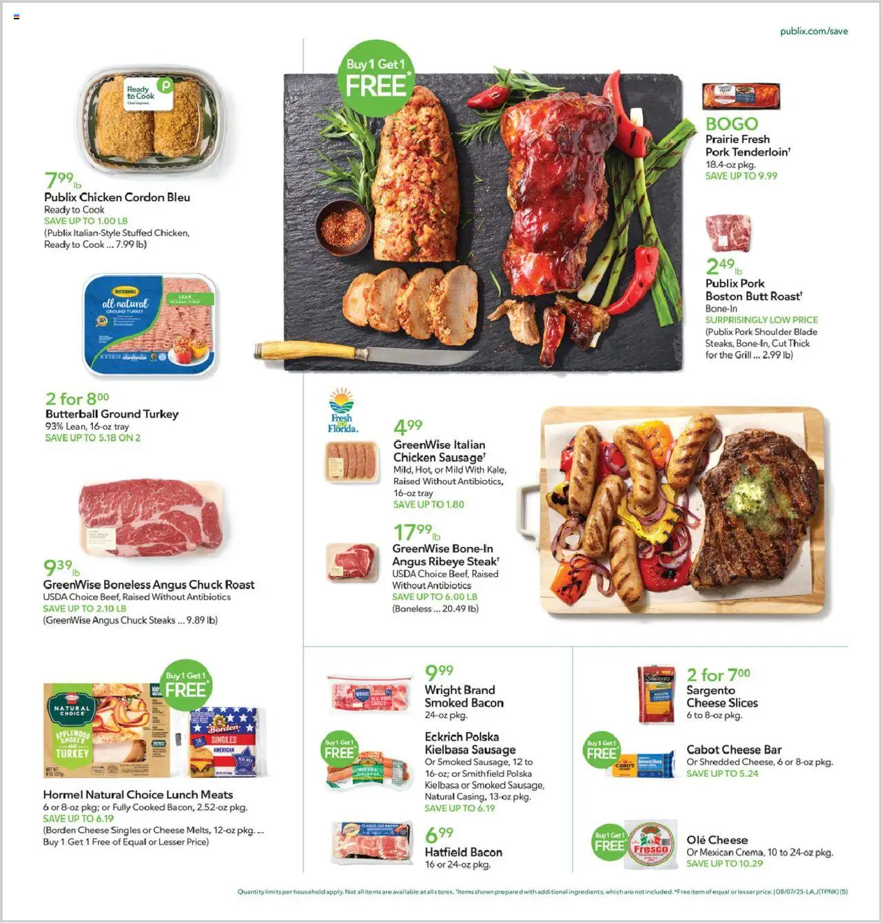 Publix Weekly Ad - valid from 06.08.2025 | Page: 5 | Products: Cheese, Pork, Sausage, Grill