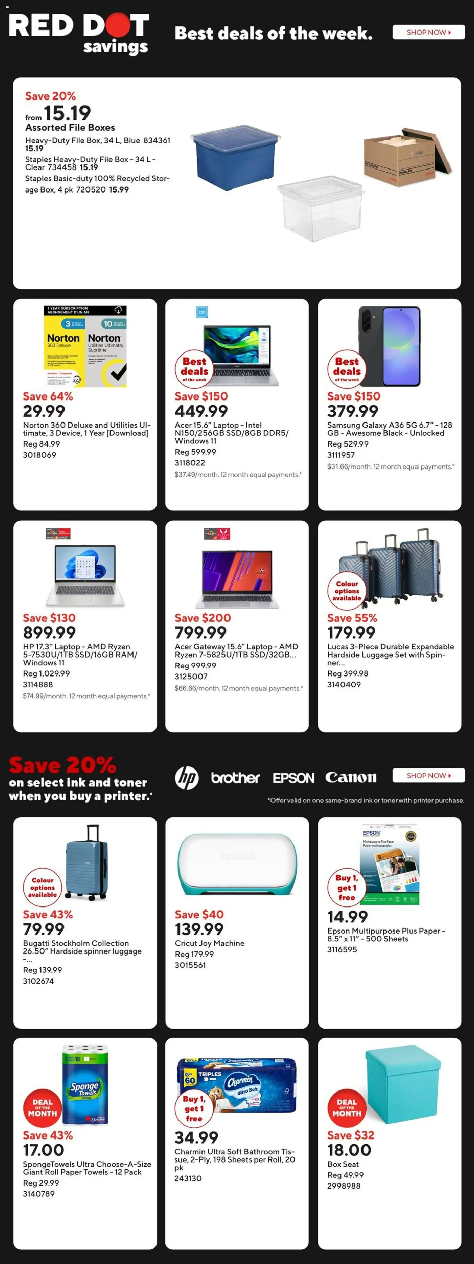 Staples flyer valid from 06.03.2026 | Page: 2 | Products: Luggage, Printer, Toner, Box