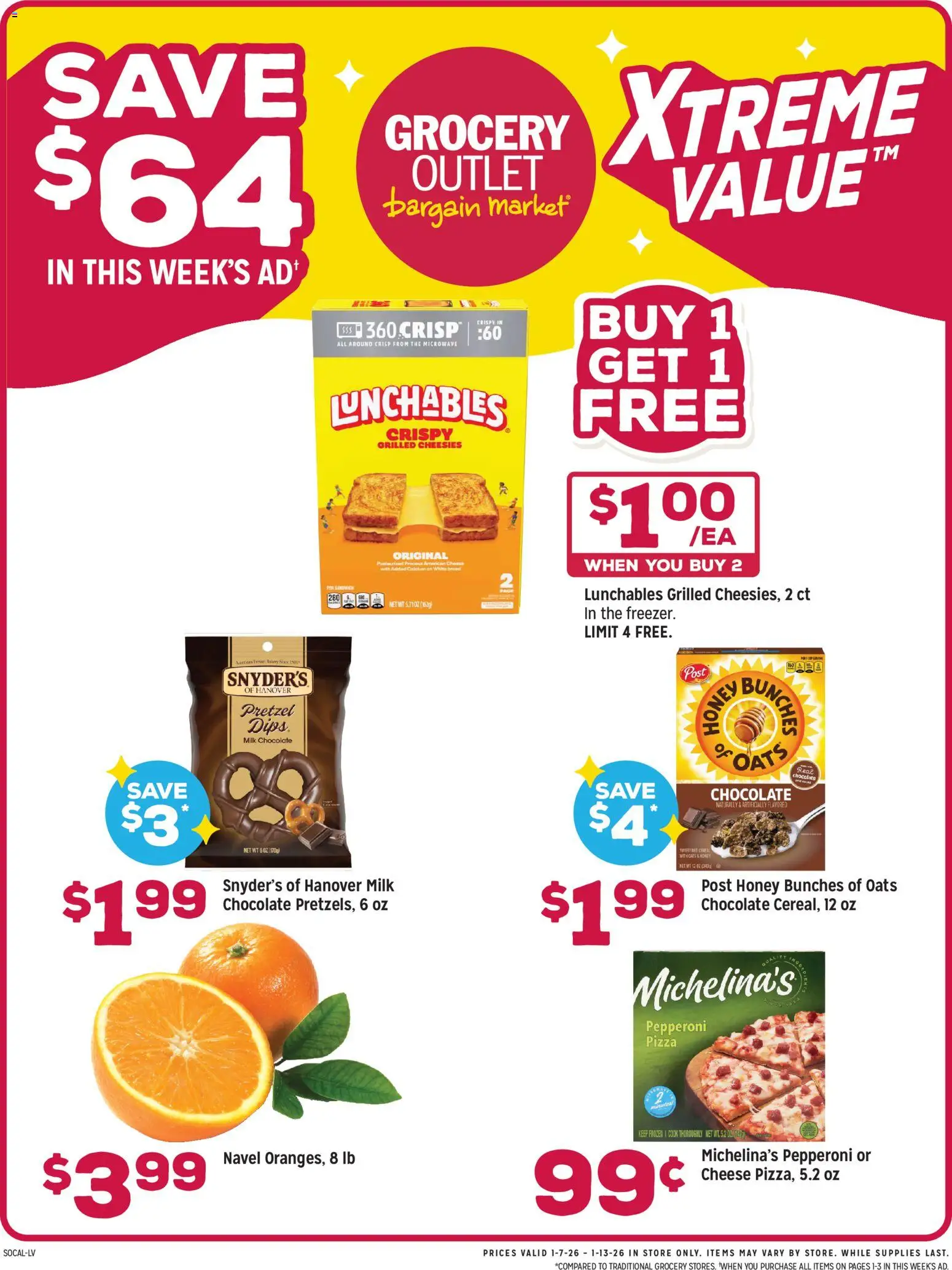 Grocery Outlet Weekly Ad - CA - valid from 07.01.2026 | Page: 1 | Products: Milk, Cheese, Bread, Microwave