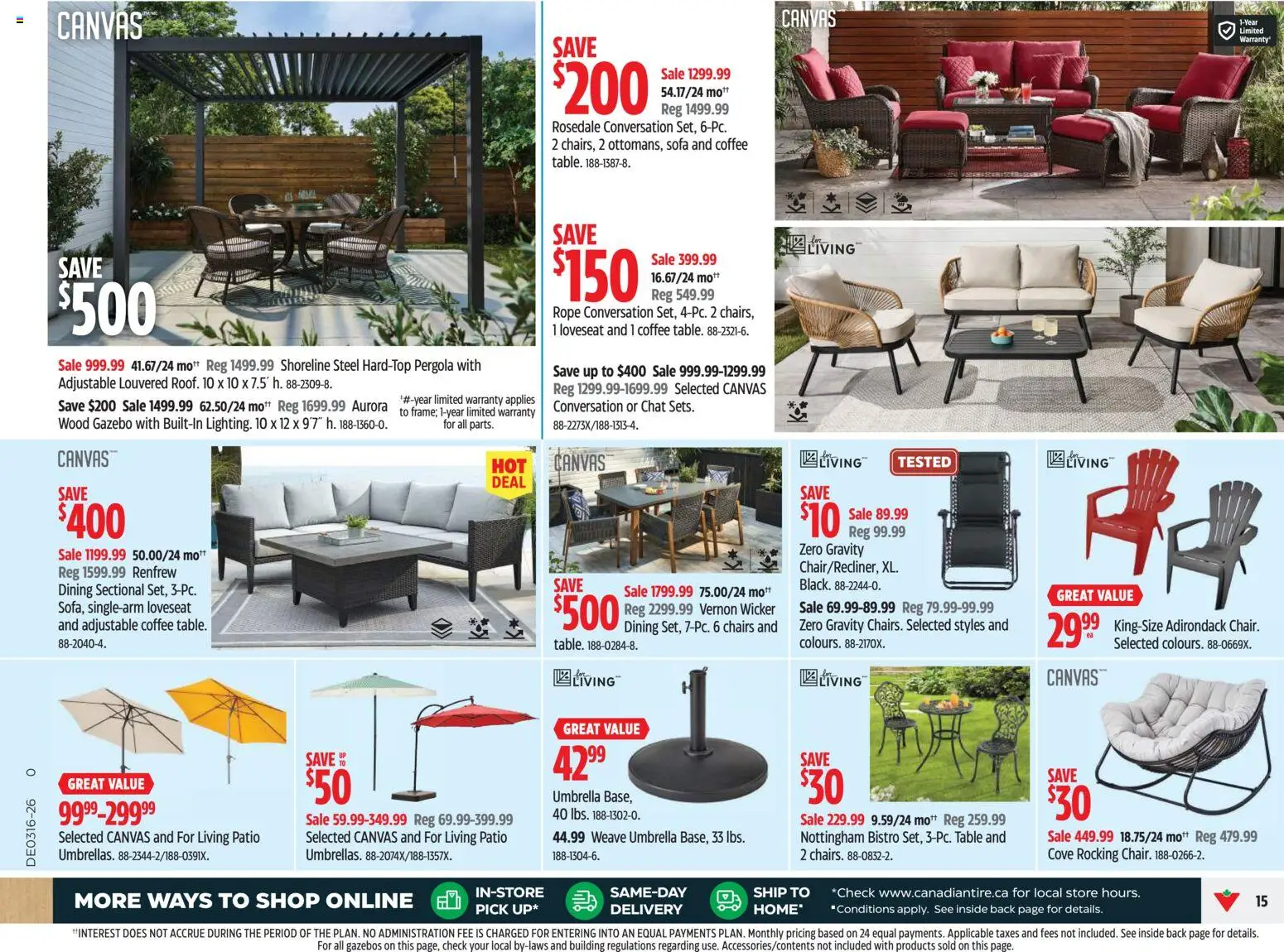 Canadian Tire flyer valid from 16.04.2026 | Page: 15 | Products: Umbrella, Sofa, Table, Coffee