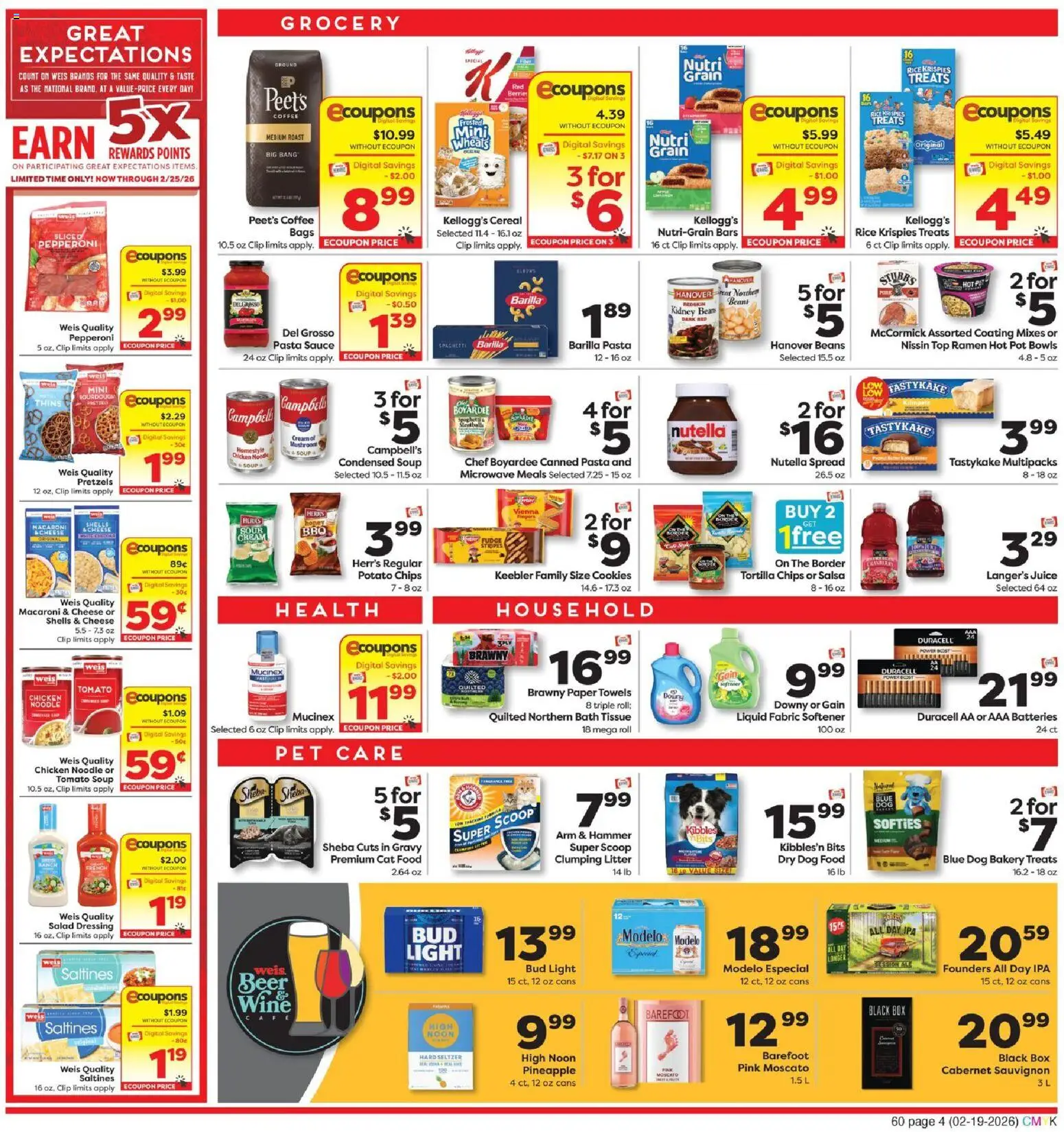 Weis Weekly Ad - valid from 19.02.2026 | Page: 4 | Products: Box, Clip, Cat Food, Beer