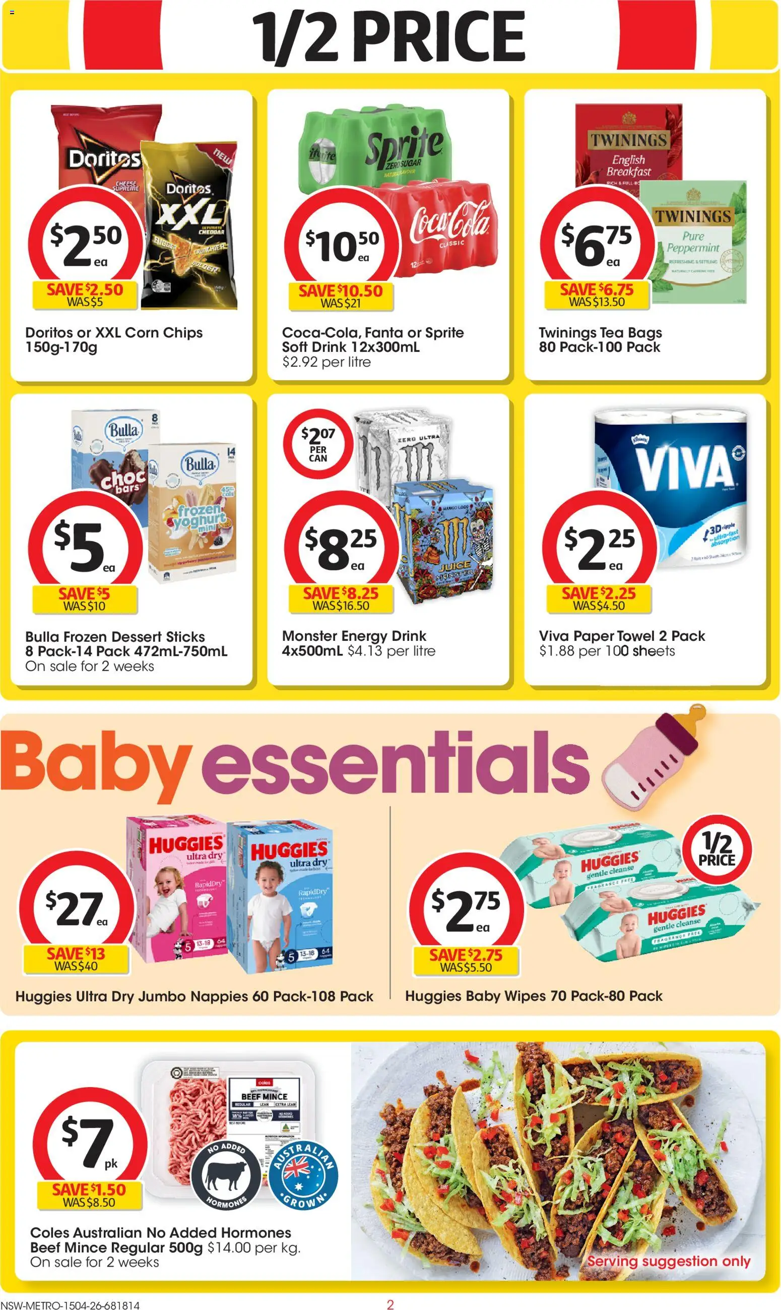 Coles catalogue - valid from 15.04.2026 | Page: 2 | Products: Yoghurt, Beef, Nappies, Chips