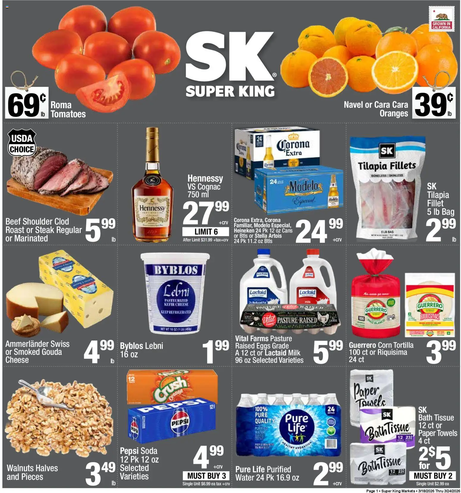Super King Weekly Ad - valid from 18.03.2026 | Page: 1 | Products: Milk, Eggs, Oranges, Tomatoes