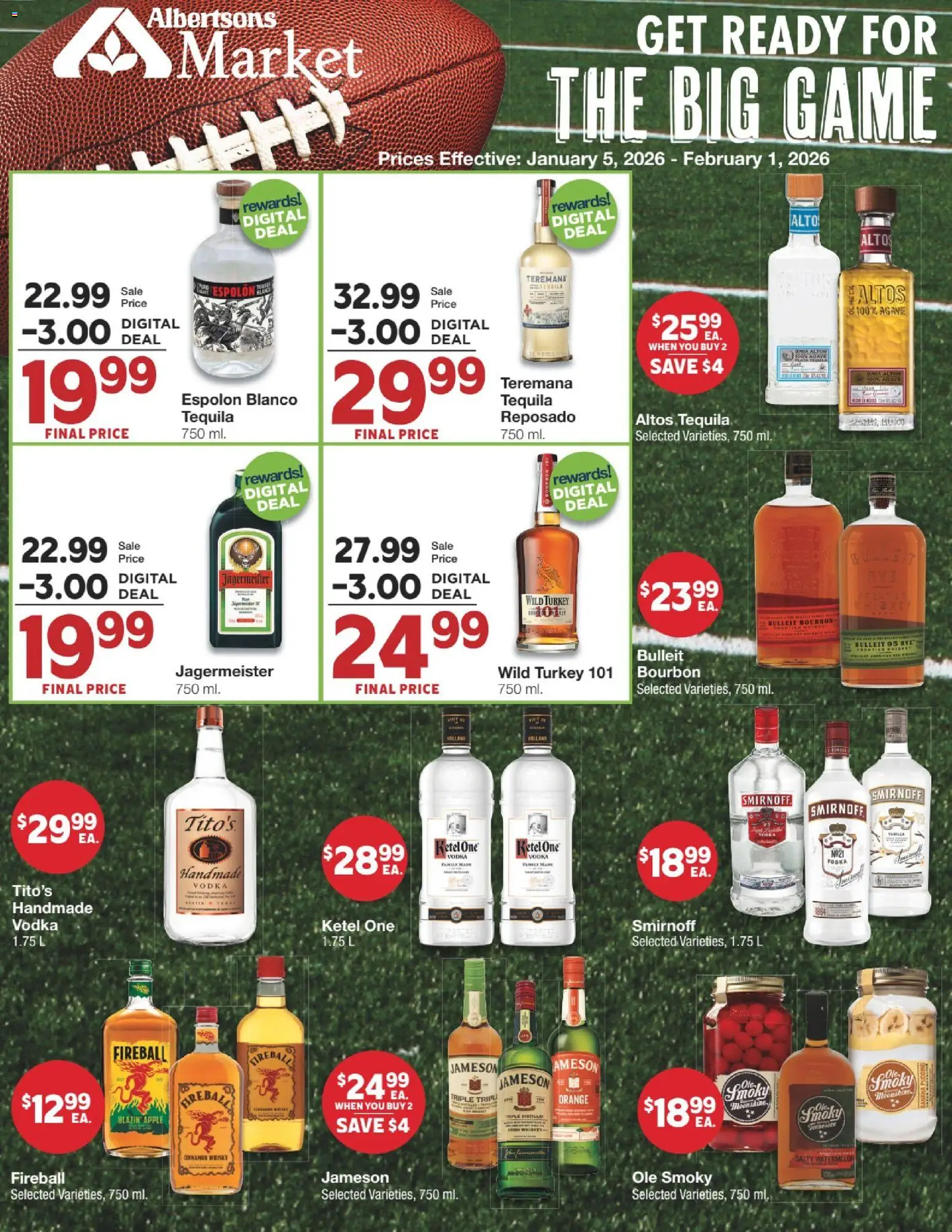 United Supermarkets Alcohol Flyer - valid from 05.01.2026 | Page: 1 | Products: Bourbon, Vodka, Whiskey, Game