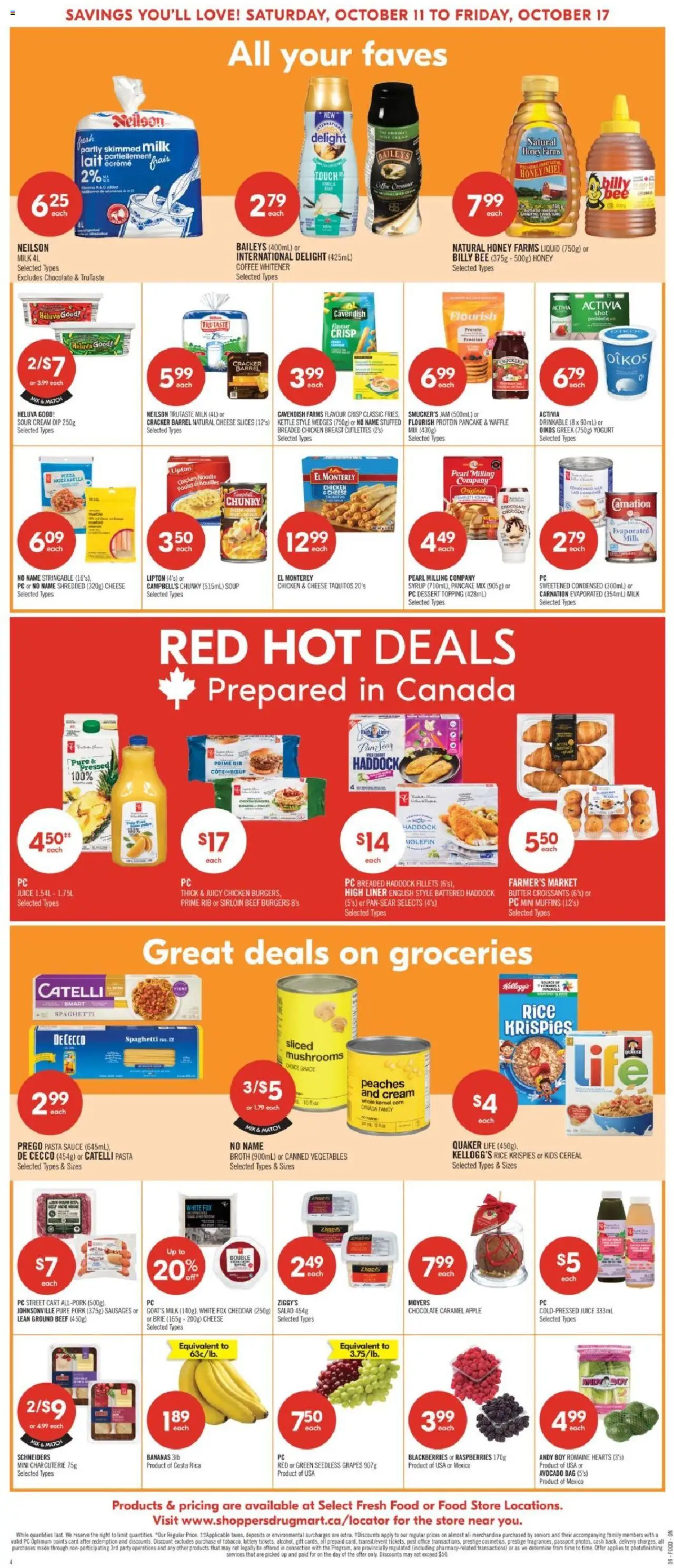 Shoppers flyer valid from 11.10.2025 | Page: 4 | Products: Pasta, Milk, Yogurt, Bananas