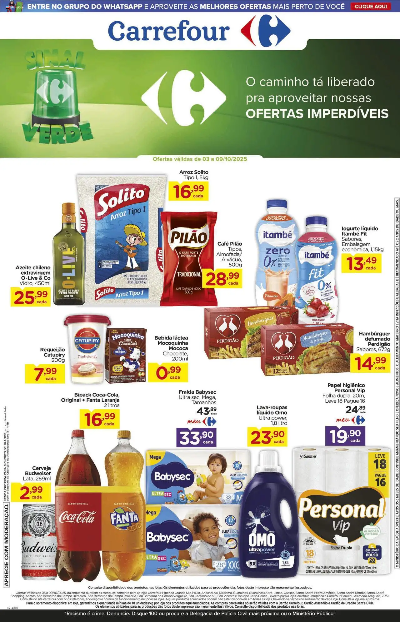 Carrefour Folheto - válido de 03.10.2025 | Página: 3 | Produtos: Cerveja, Hambúrguer, Açúcar, Papel higiênico
