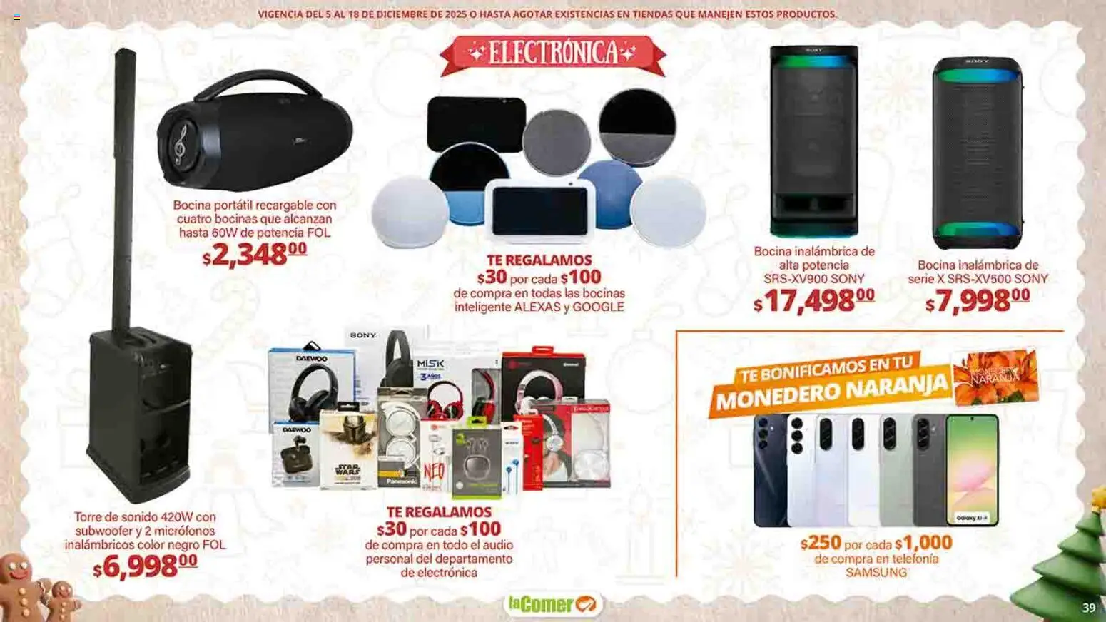 Nuevas ofertas de La Comer válidas en toda la República Mexicana desde el 05.12.2025. ¡Encuentra las mejores ofertas en La Comer folleto Felices Fiestas! | Página: 39 | Productos: Monedero, Audio, Bocina, Té