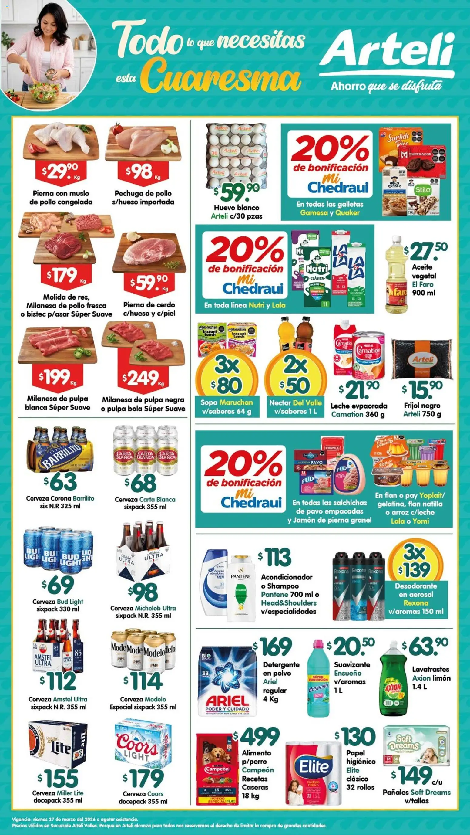 Nuevas ofertas de Arteli válidas en toda la República Mexicana desde el 27.03.2026. ¡Encuentra las mejores ofertas en Arteli folleto Valles! | Página: 1 | Productos: Pollo, Milanesa, Galletas, Ropa