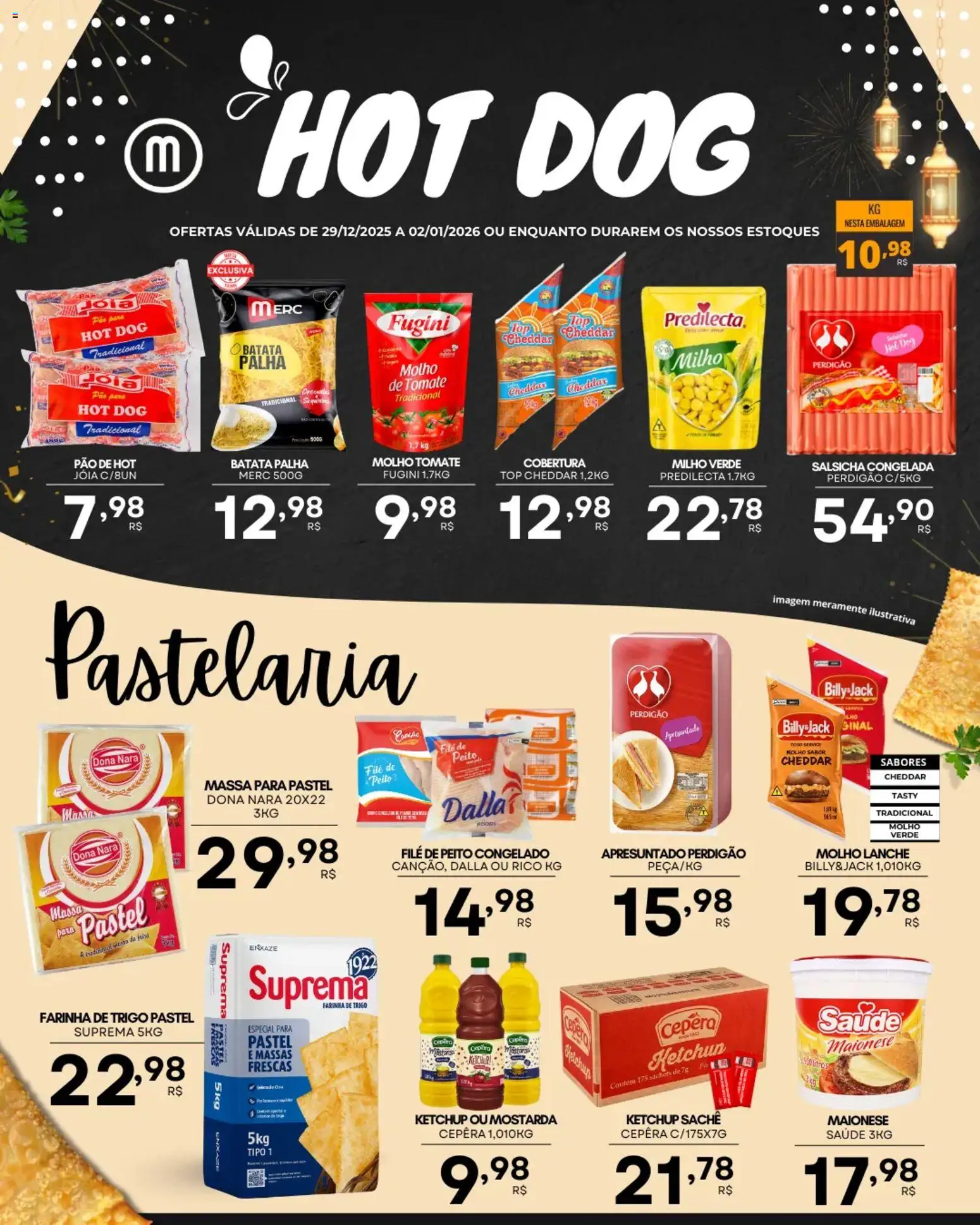 Mercadão Atacadista Folheto - válido de 29.12.2025 | Página: 2 | Produtos: Farinha de trigo, Salsicha, Cheddar, Massa
