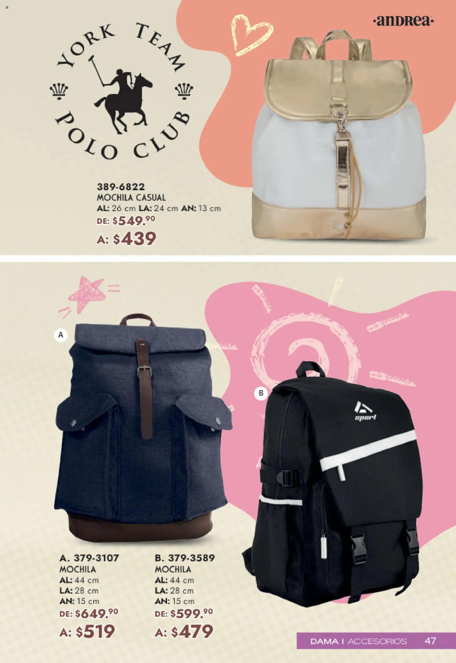 Nuevas ofertas de Andrea válidas en toda la República Mexicana desde el 19.04.2026. ¡Encuentra las mejores ofertas en Andrea catálogo Mamá y Peques! | Página: 47 | Productos: Mochila