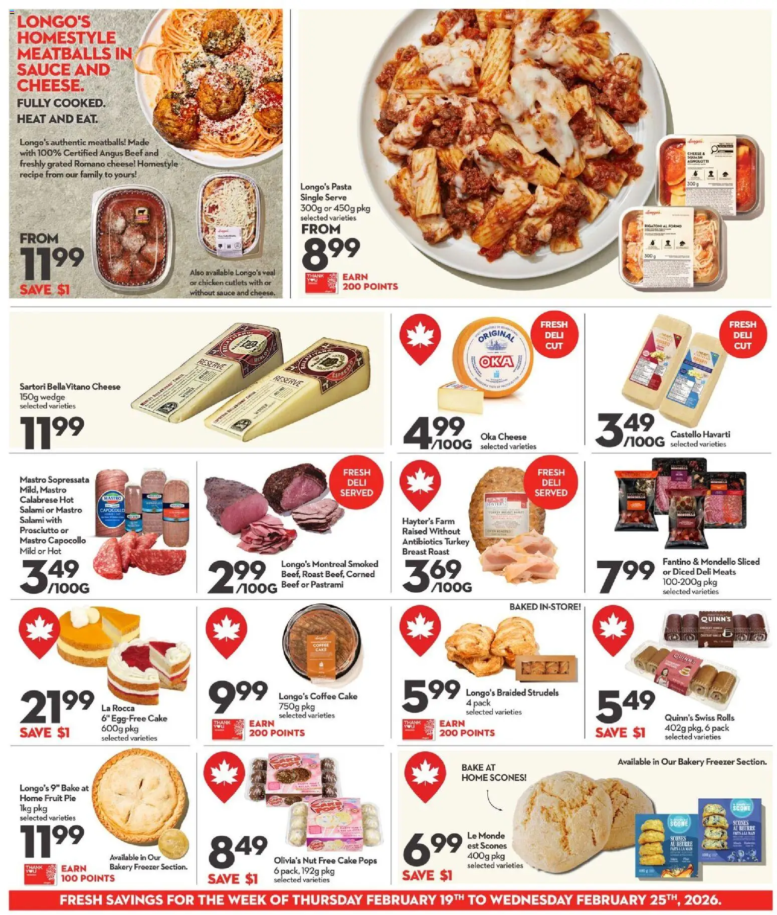 Longo's flyer valid from 19.02.2026 | Page: 10 | Products: Pasta, Turkey, Cheese, Chicken