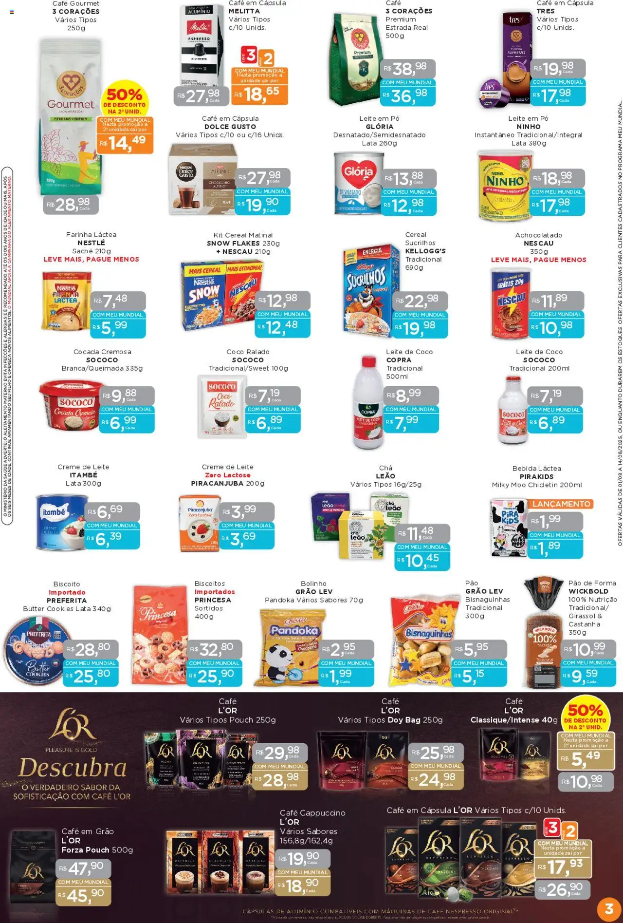 Mundial Folheto - válido de 01.08.2025 | Página: 3 | Produtos: Biscoito, Chocolate, Sucrilhos, Creme