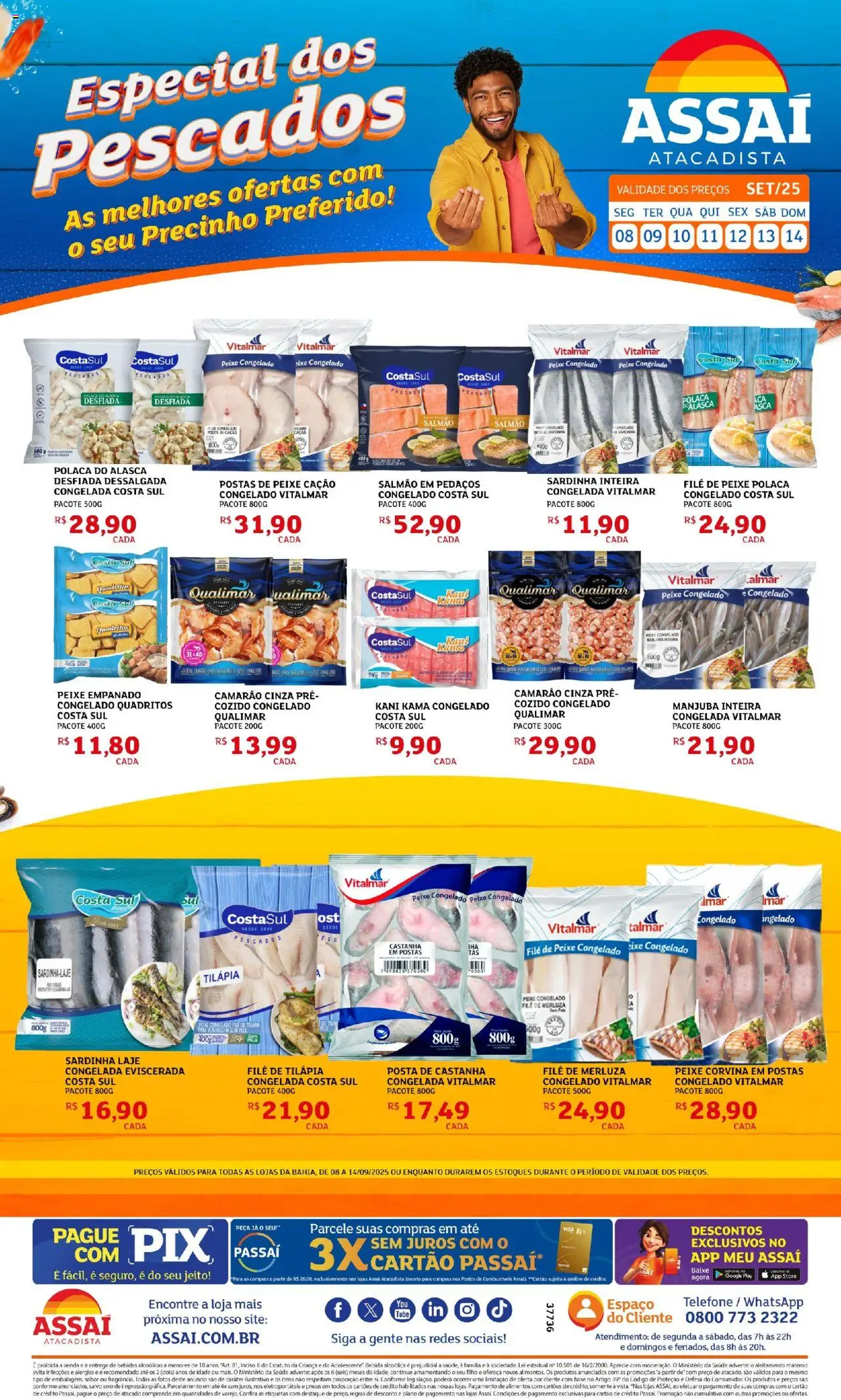 Assaí Atacadista Folheto - válido de 08.09.2025 | Página: 1 | Produtos: Camarão, Pasta, Base, Filé de tilápia