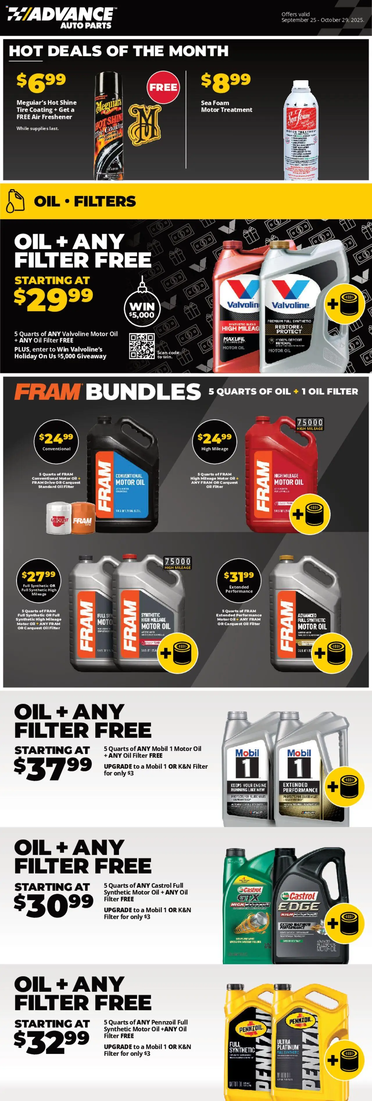 Advance Auto Parts Weekly Ad - valid from 25.09.2025 | Page: 1 | Products: Tire, Oil, Oil filter, Motor Oil