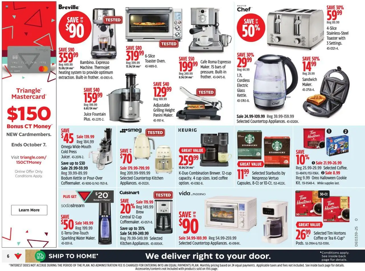 Canadian Tire flyer valid from 18.09.2025 | Page: 8 | Products: Tea, Sandwich maker, Coffee, Juice