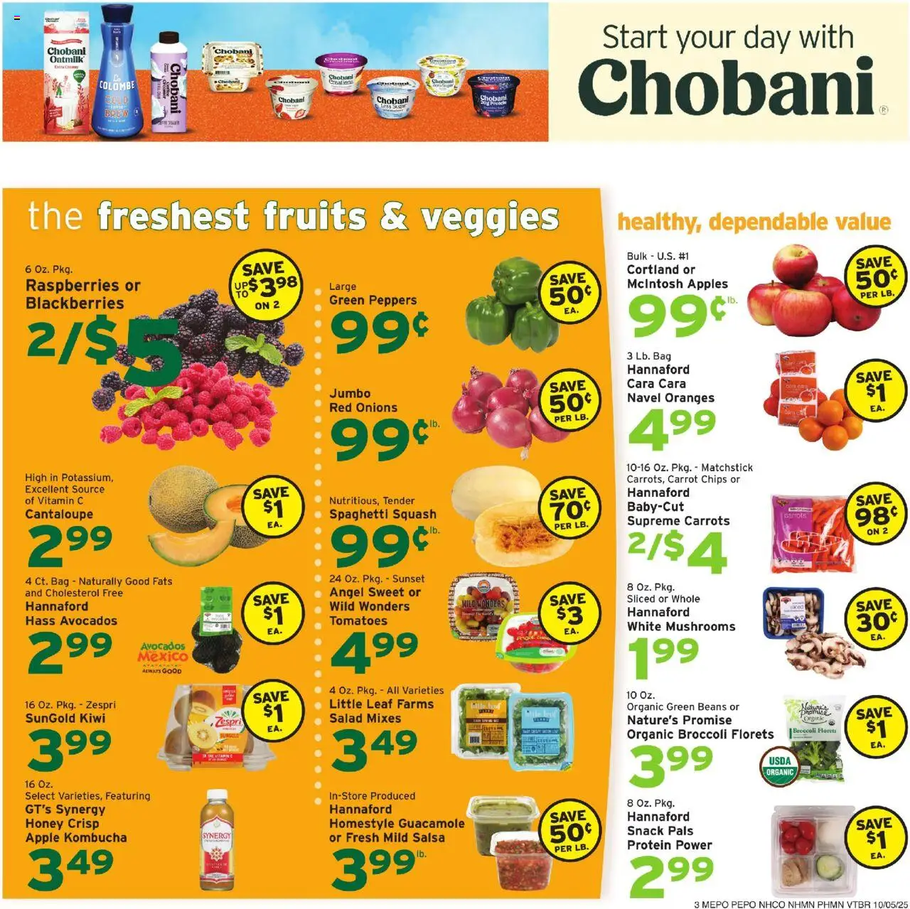 Hannaford Weekly Ad - valid from 05.10.2025 | Page: 3 | Products: Apples, Oranges, Tomatoes, Salad