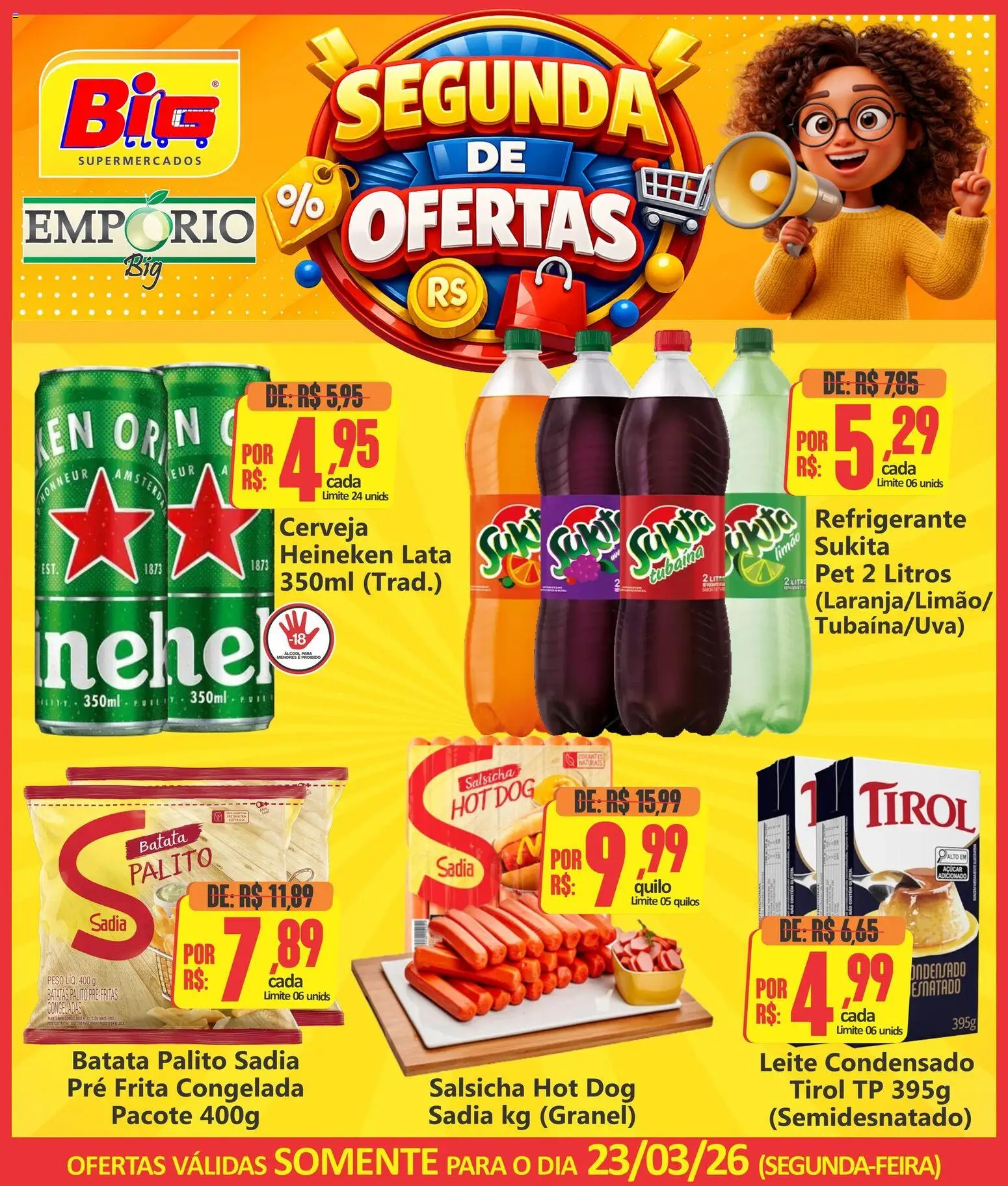 Big Supermercados Folheto - válido de 23.03.2026 | Página: 1 | Produtos: Salsicha, Leite, Cerveja, Açúcar