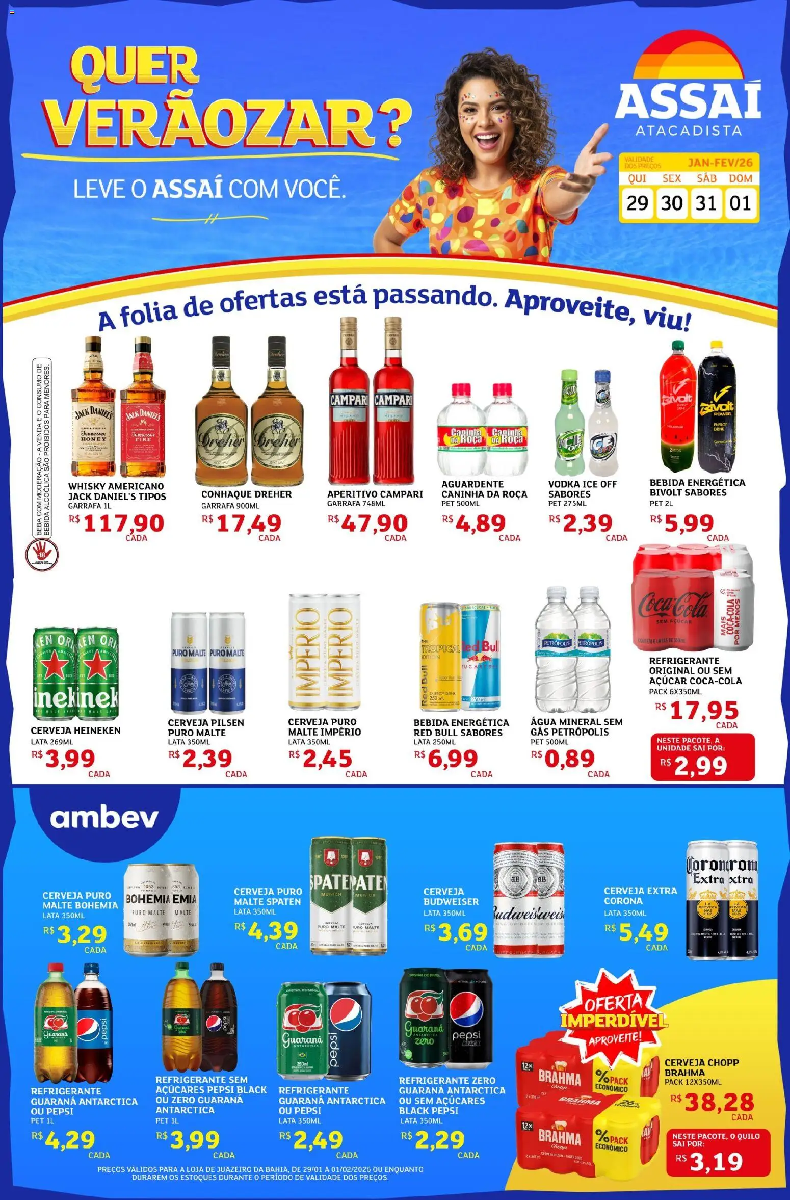 Assaí Atacadista Folheto - válido de 29.01.2026 | Página: 1 | Produtos: Guaraná, Conhaque, Cerveja, Vodka