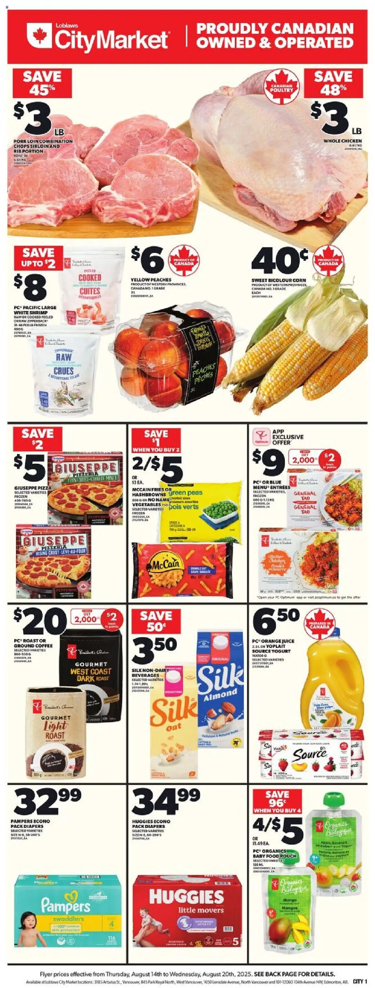 Loblaws flyer valid from 14.08.2025 | Page: 3 | Products: PC, Juice, Chicken, Pork