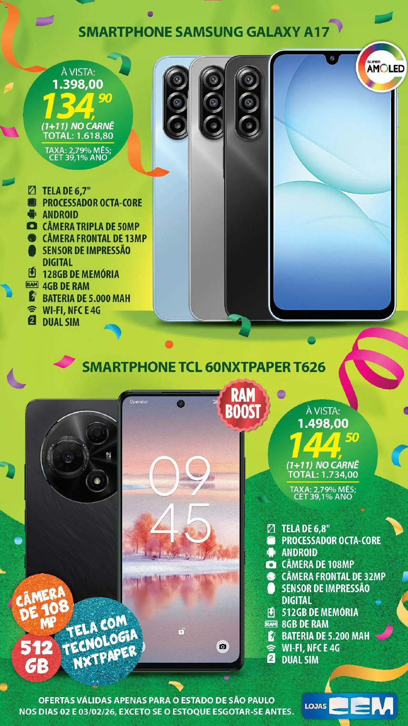 Lojas Cem Folheto - válido de 02.02.2026 | Página: 8 | Produtos: Câmera digital, Bateria, Carne, Smartphone