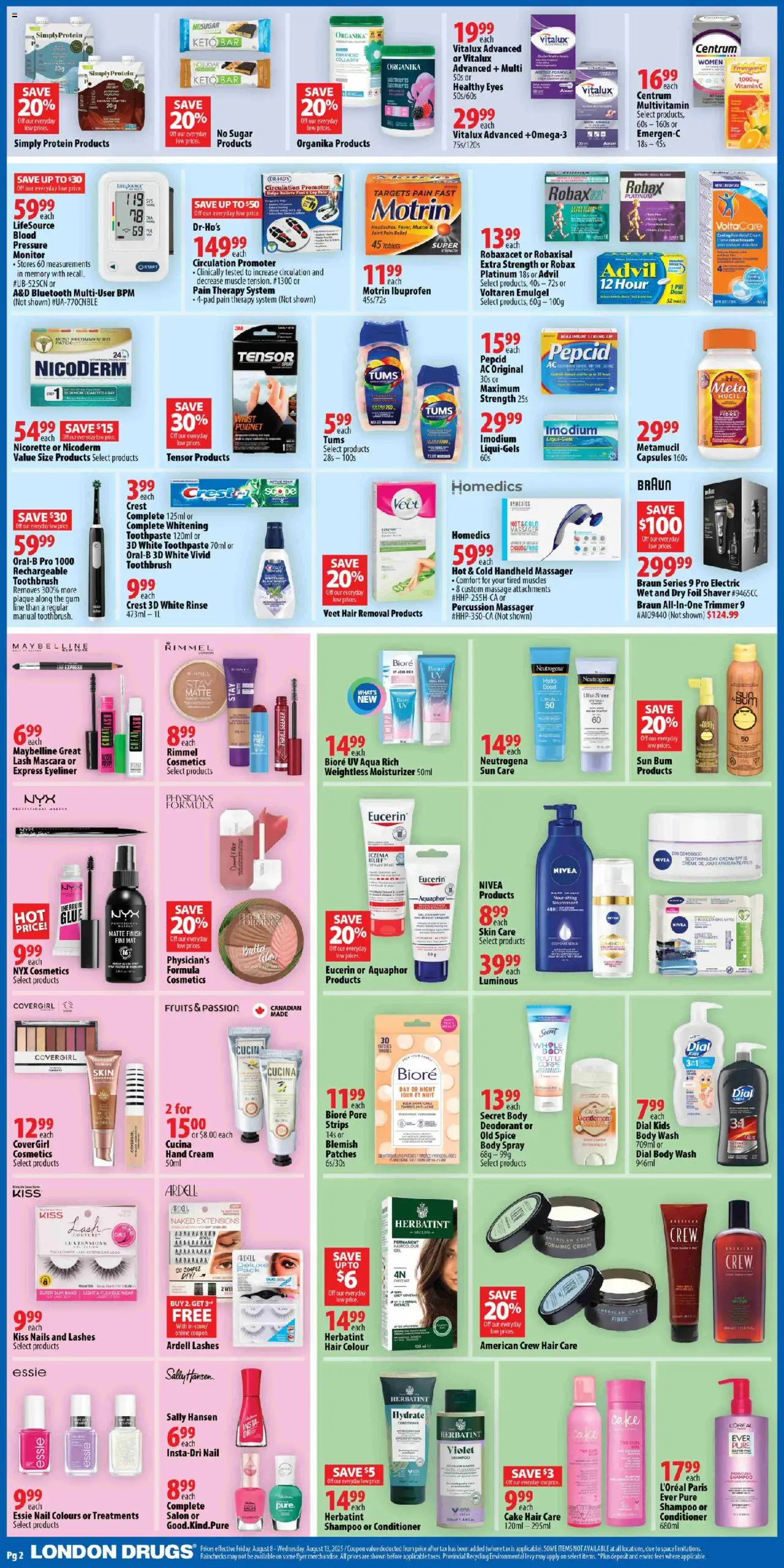 London Drugs flyer valid from 08.08.2025 | Page: 2 | Products: Shaver, Mascara, Hand cream, Deodorant