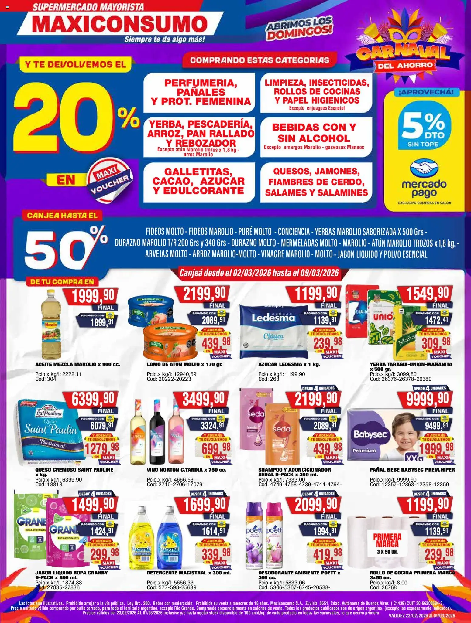 Maxiconsumo ofertas │ válido desde el 23.02.2026 | Página: 1 | Productos: Yerba, Durazno, Ropa, Fideos
