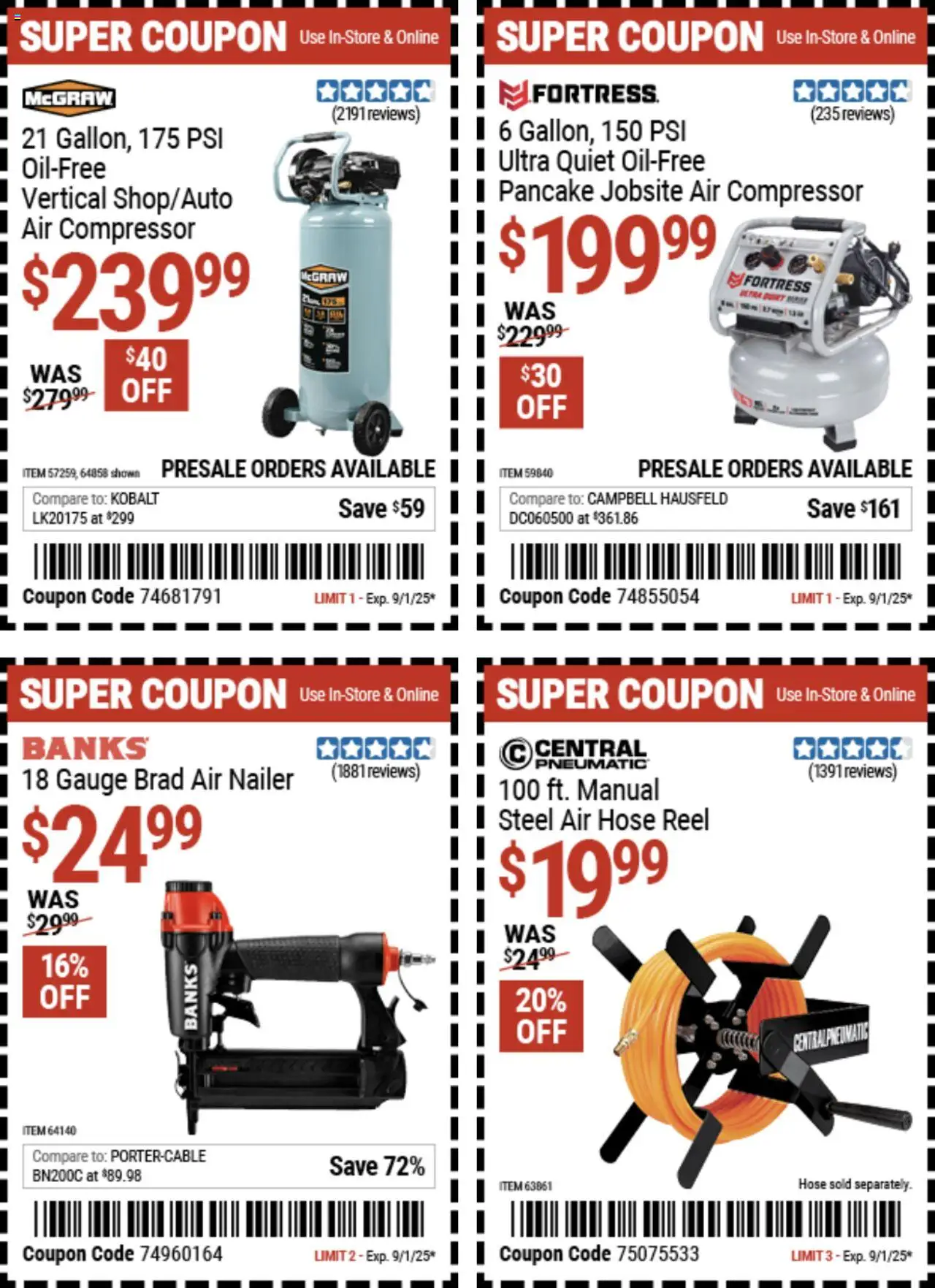 Harbor Freight Summer Coupons - valid from 18.08.2025 | Page: 10 | Products: Compressor, Pneumatic, Air Nailer