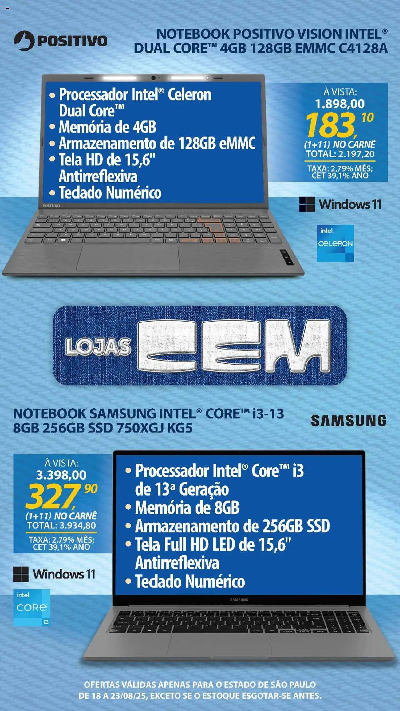 Lojas Cem Folheto - válido de 18.08.2025 | Página: 8 | Produtos: Notebook, Processador, Tela, Carne