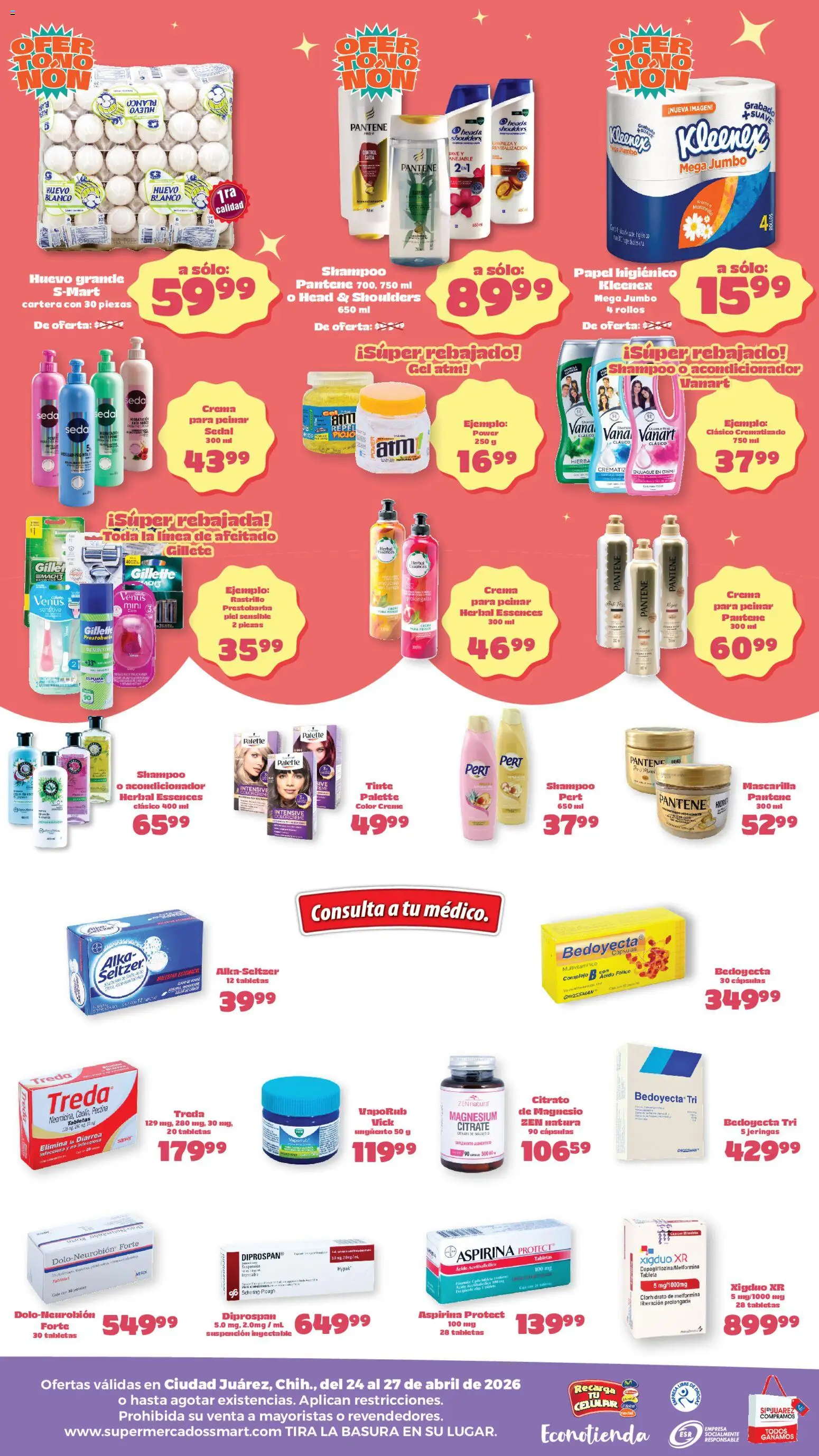 Nuevas ofertas de S-Mart válidas en toda la República Mexicana desde el 24.04.2026. ¡Encuentra las mejores ofertas en S-Mart folleto Ofertas de feria Juárez! | Página: 2 | Productos: Crema, Rastrillo, Huevo, Acondicionador