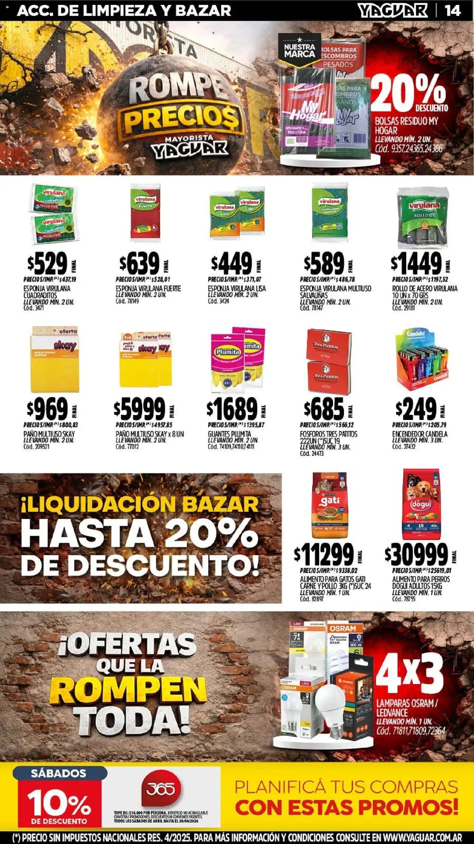 Yaguar - Oferta Semanal Mar del Plata │ válido desde el 20.04.2026 | Página: 14 | Productos: Fósforos, Pollo, Esponja, Guantes