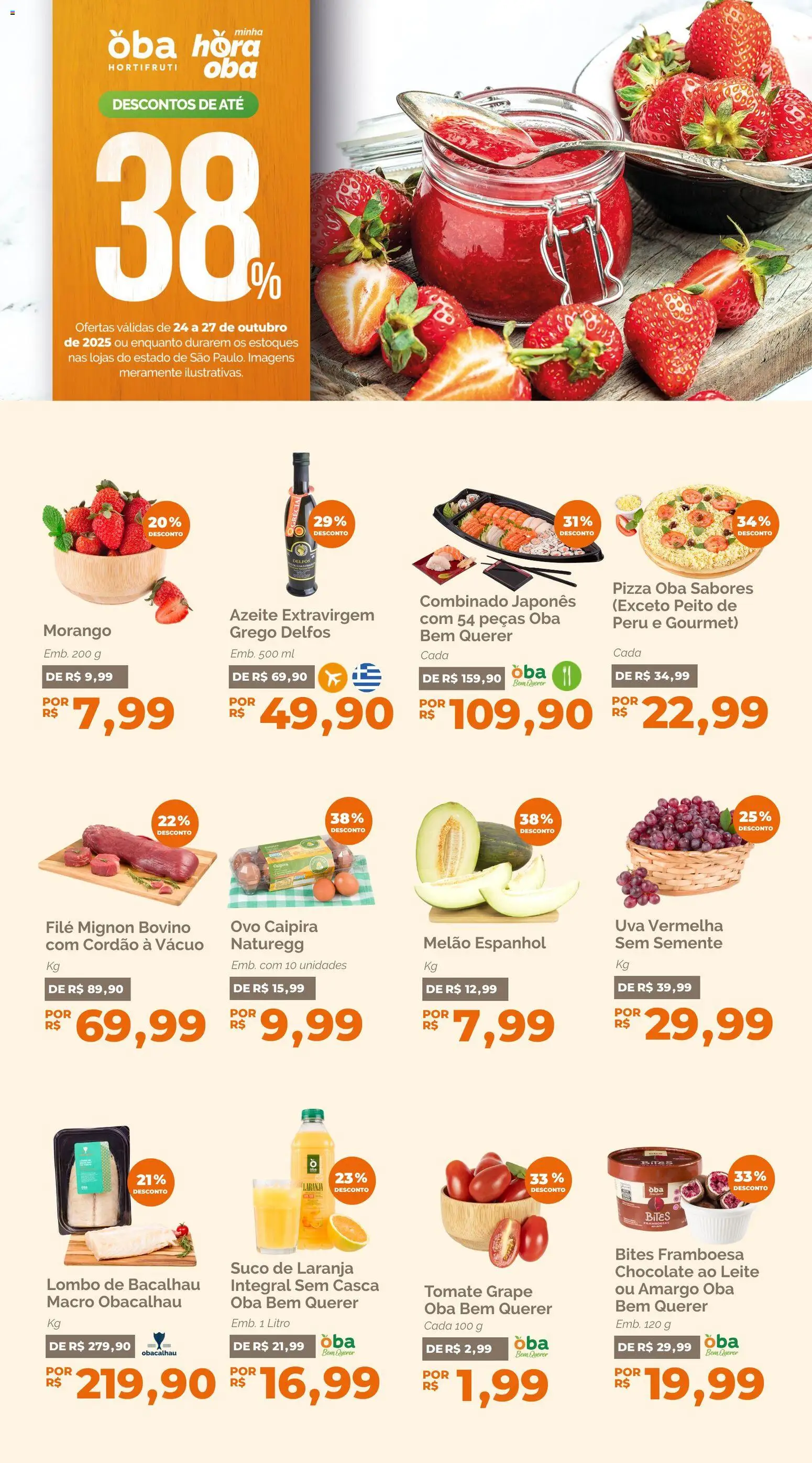 Oba Hortifruti Folheto - válido de 24.10.2025 | Página: 1 | Produtos: Melão, Bacalhau, Chocolate, Pizza