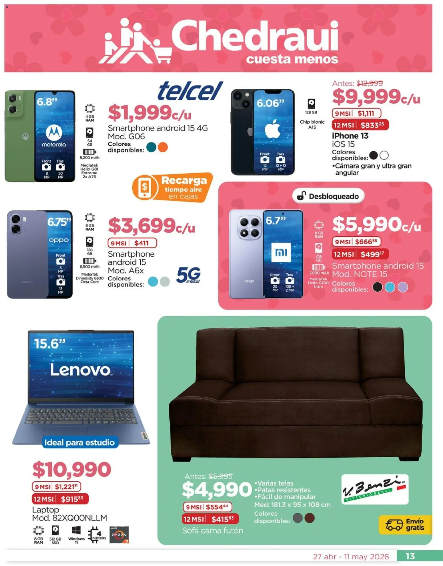 Nuevas ofertas de Chedraui válidas en toda la República Mexicana desde el 27.04.2026. ¡Encuentra las mejores ofertas en Chedraui folleto Lo mejor para festejar a mamá! | Página: 13 | Productos: Futón, Sofá, Cama, Smartphone