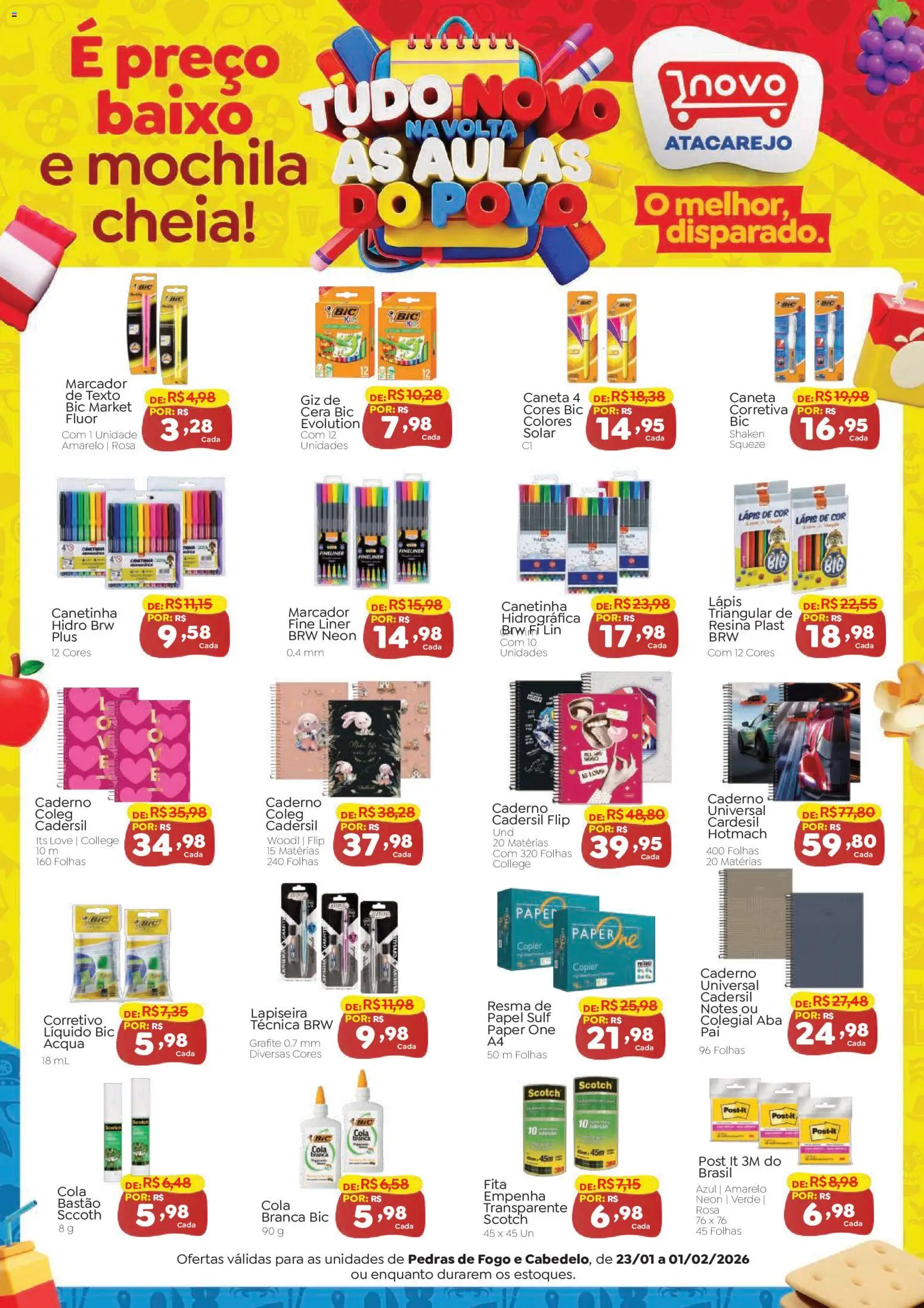 Novo Atacarejo Folheto - válido de 23.01.2026 | Página: 1 | Produtos: Lápis, Cola, Baixo, Caderno