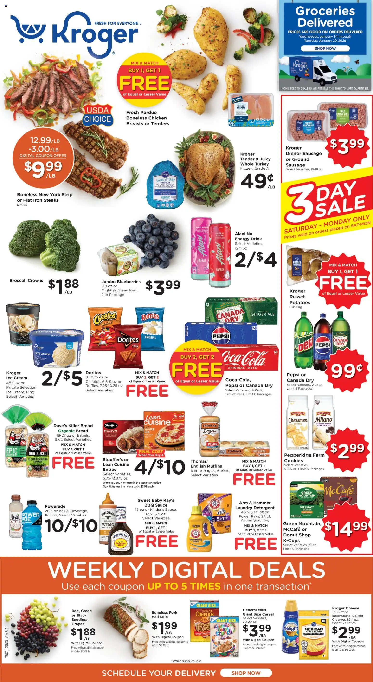 Kroger Ad - valid from 14.01.2026 | Page: 1 | Products: Cheese, Sausage, Bag, Iron