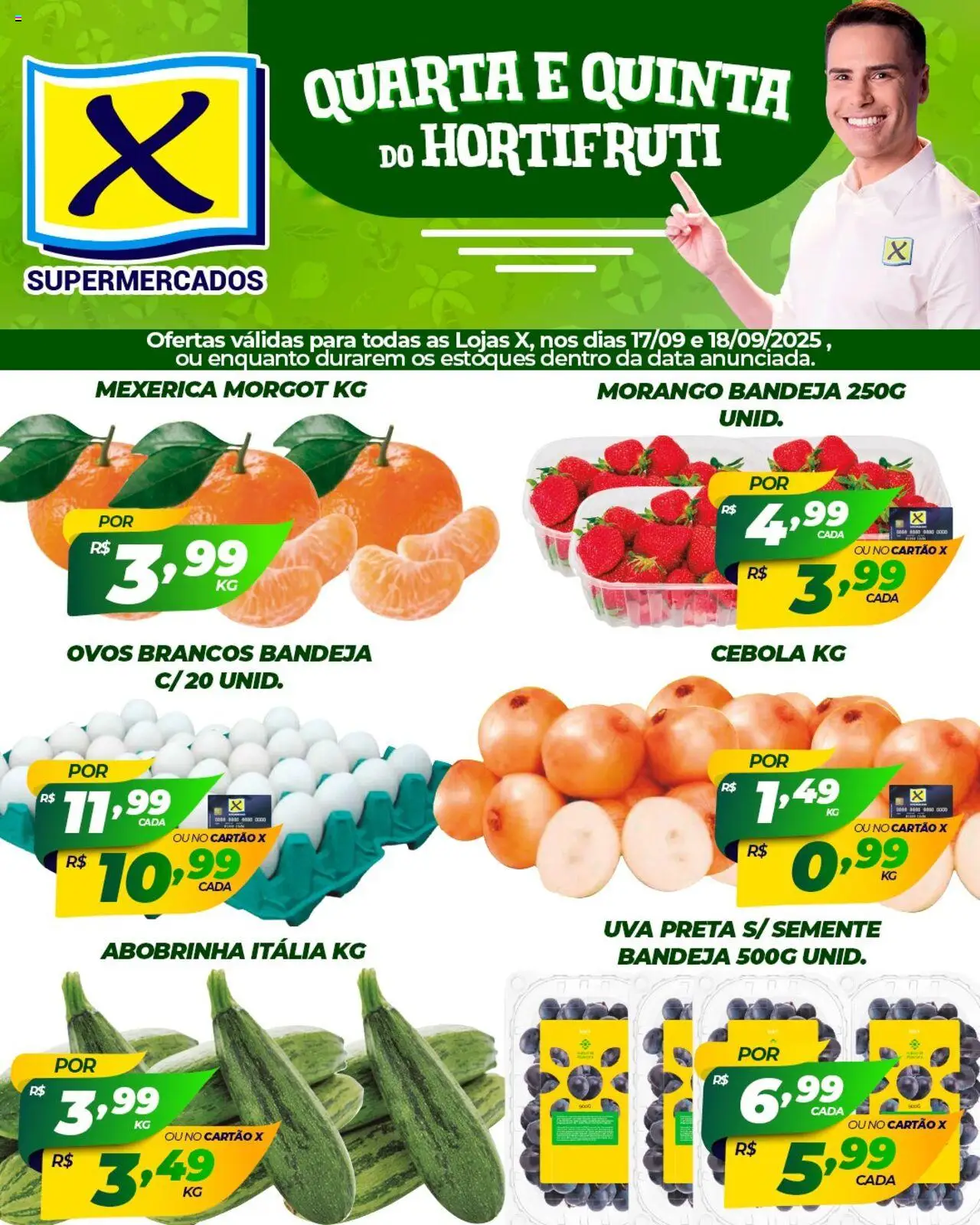 X Supermercados Folheto - válido de 17.09.2025 | Página: 1 | Produtos: Mexerica, Abobrinha, Cebola, Bandeja
