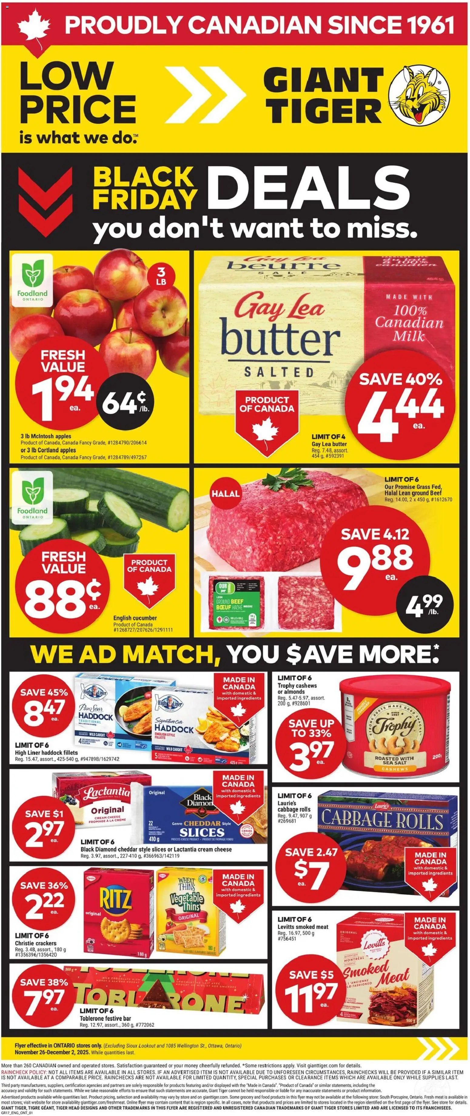 Giant Tiger flyer valid from 26.11.2025 | Page: 1 | Products: Fish, Beef, Nuts, Butter