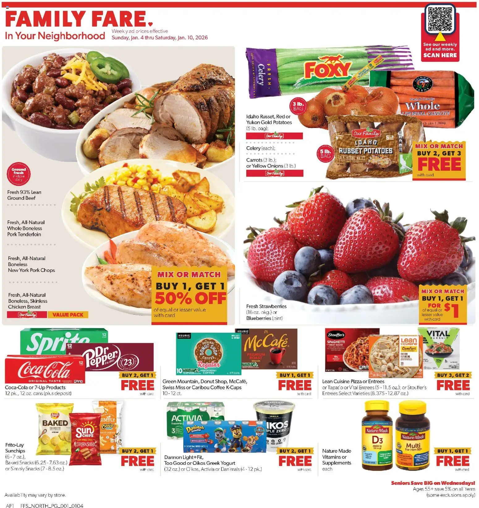 Family Fare Weekly Ad - MI - valid from 04.01.2026 | Page: 1 | Products: Yogurt, Pork, Sauce, Blueberries