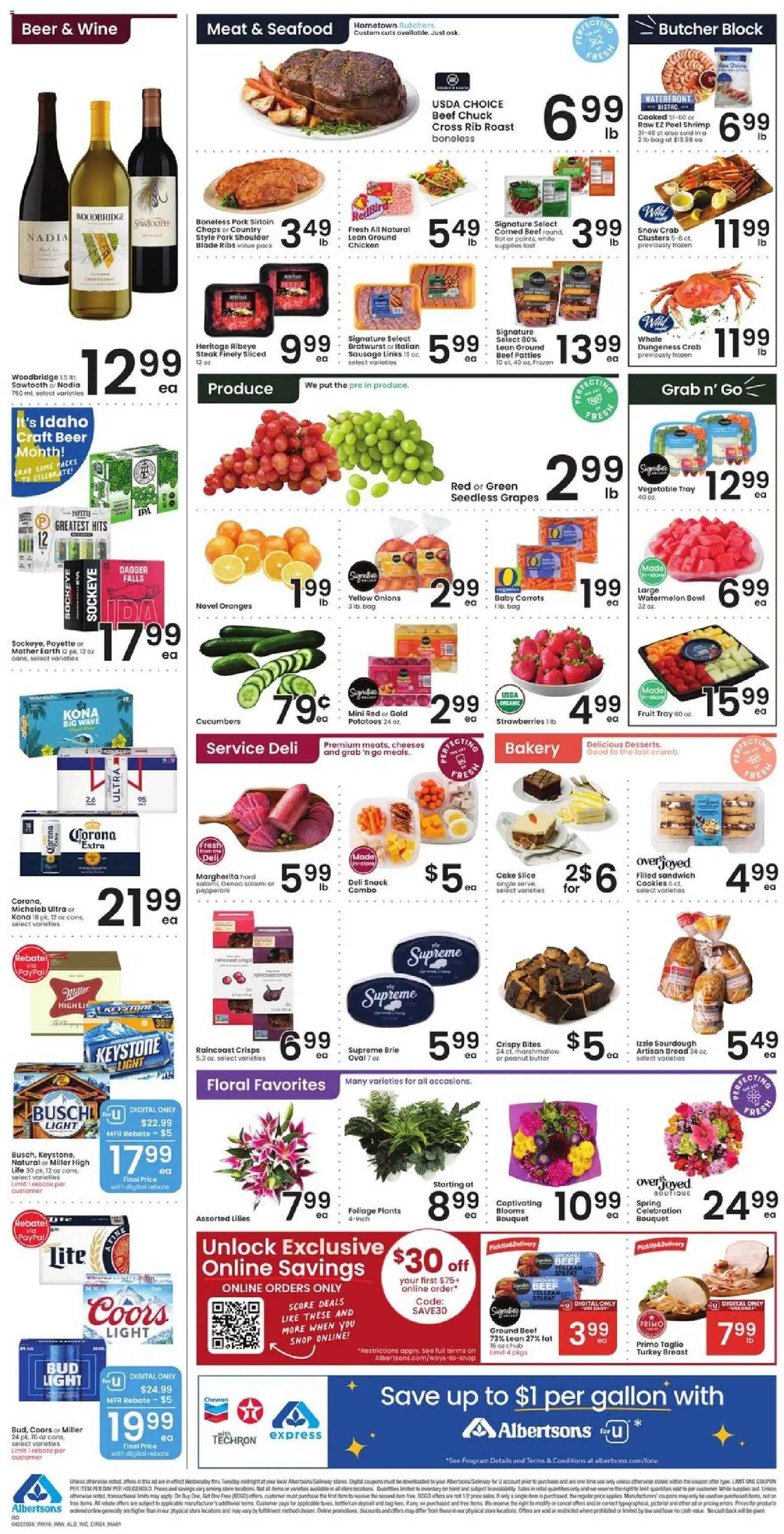 Albertsons Weekly Ad - valid from 22.04.2026 | Page: 4 | Products: Wine, Beer, Pork, Watermelon