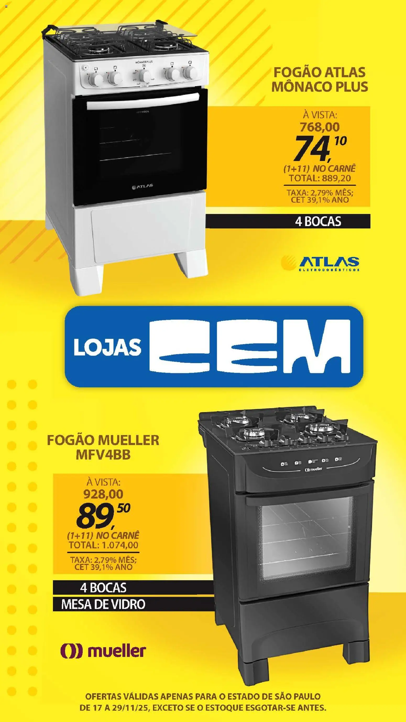 Lojas Cem Folheto - válido de 17.11.2025 | Página: 38 | Produtos: Fogão, Mesa, Carne, Eletrodomésticos
