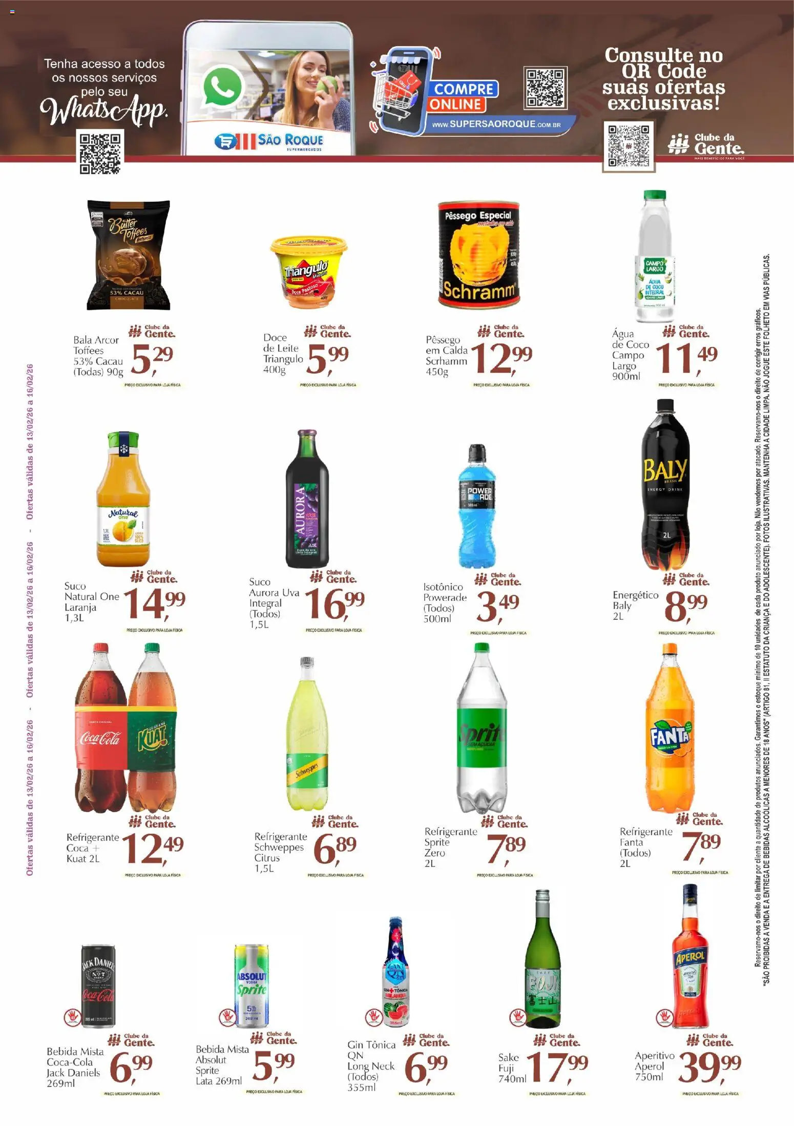 São Roque Supermercados Folheto - válido de 13.02.2026 | Página: 3 | Produtos: Pêssego, Cola, Bebida, Bala
